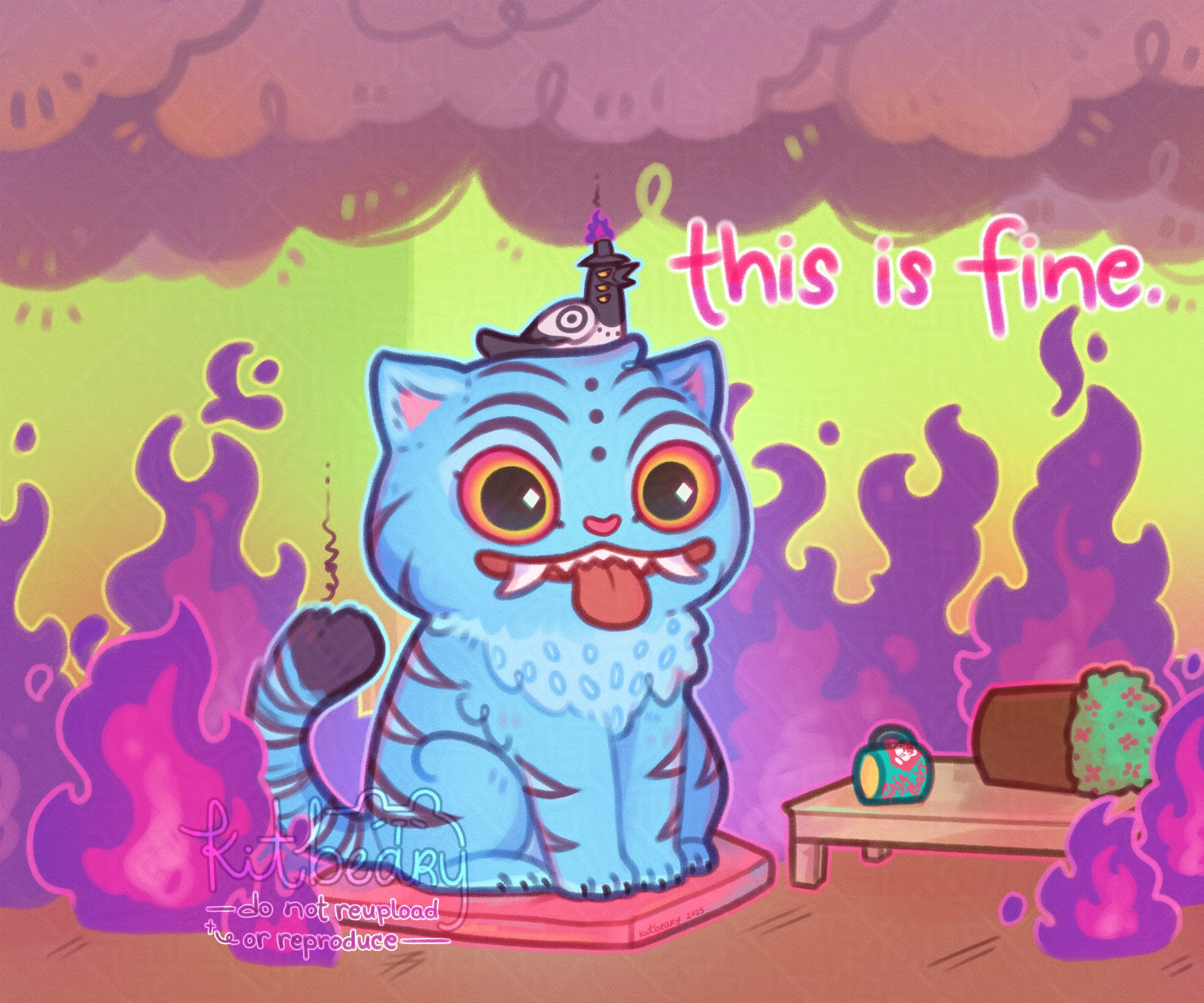 Digital illustration of Derpy and Sussie from KPop Demon Hunters drawn as KC Green's "This is fine" meme. Derpy and Sussie are on a floor cushion and surrounded by purple flames. There's a low table with a knocked over potted plant and Saja Boys mug on top. The words "this is fine" floats above them.

Watermark reads: "Kitbeary. Do not reupload or reproduce."