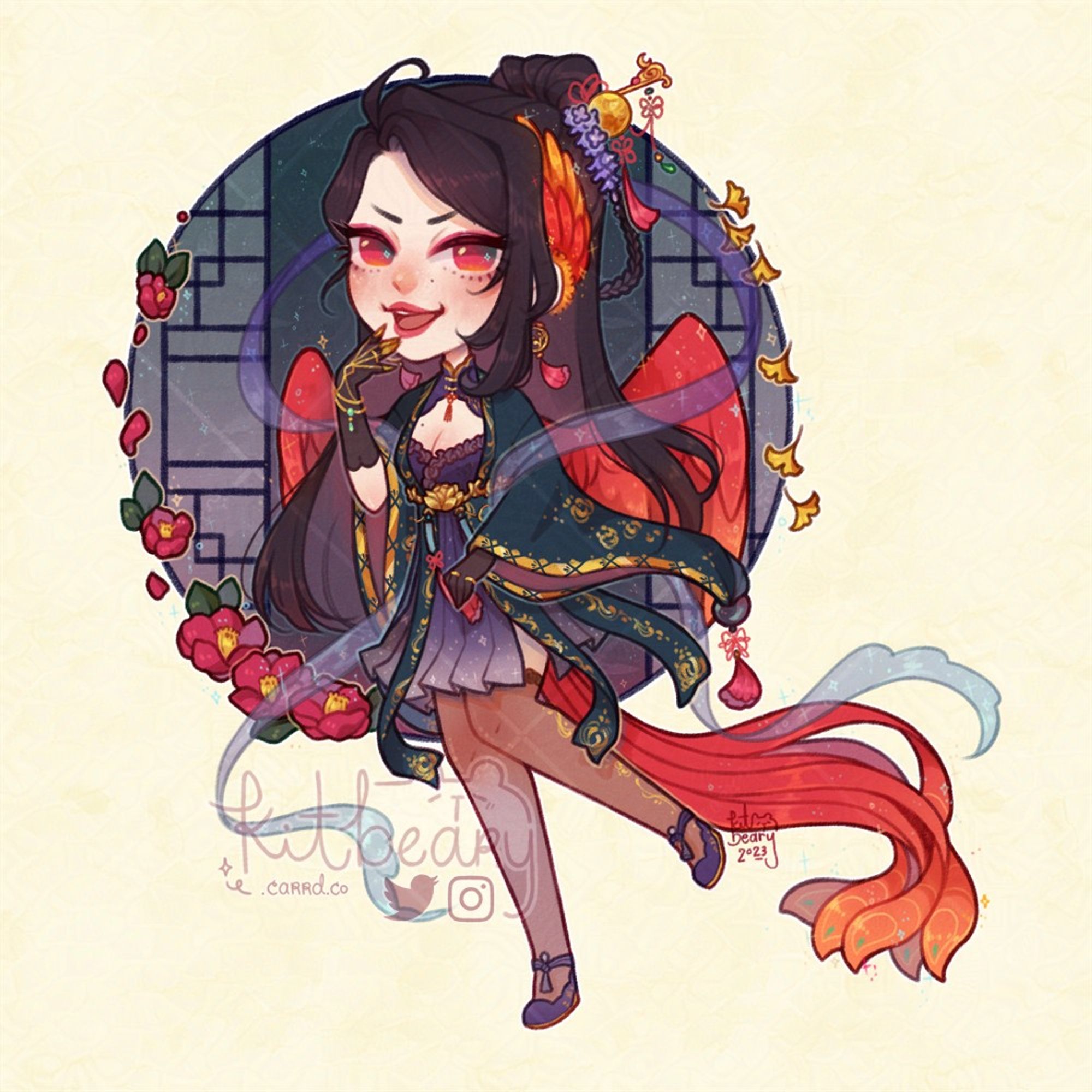 Illustration of a girl with long black hair and red bird wings and tail, wearing a fantasy-style hanfu. She's standing in front of a Chinese-style window at night and laughing mischievously while surrounded by red camellias and gingko leaves.