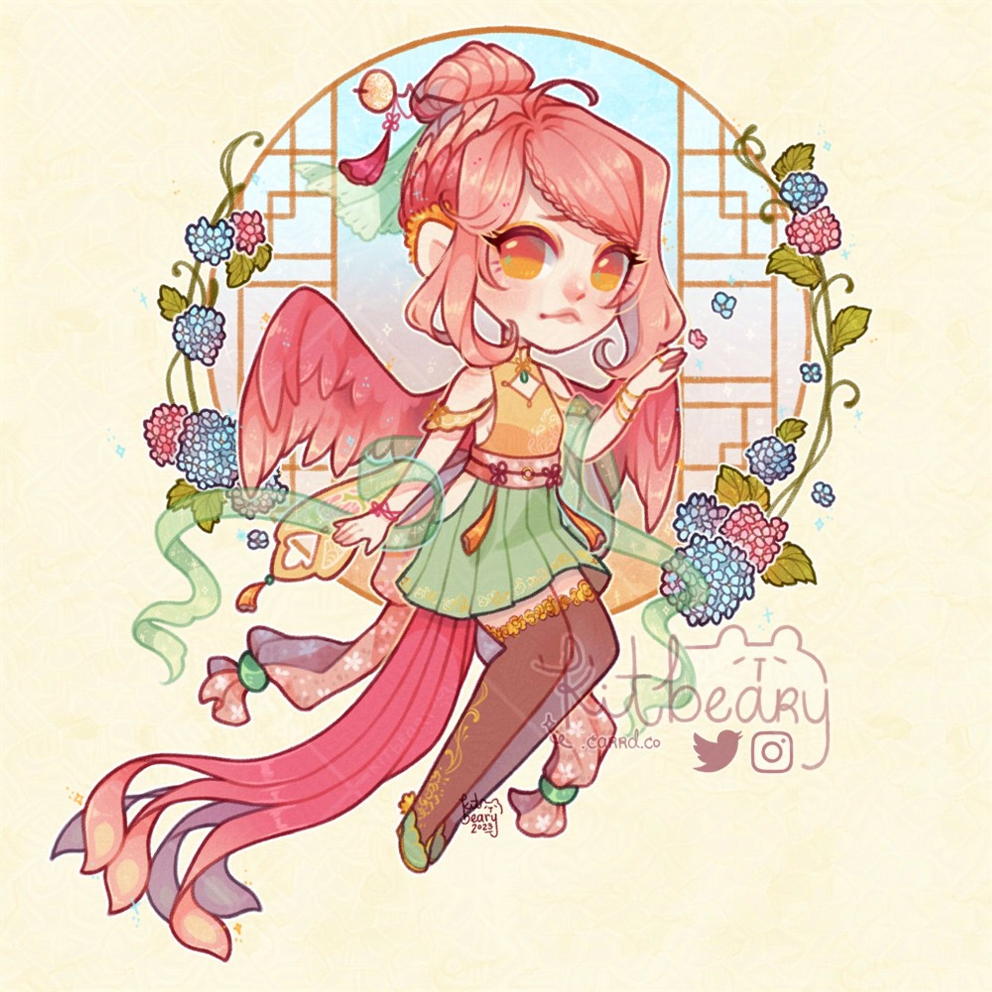 Chibi-style illustration of a pink-haired girl with matching wings and long tail feathers in front of a Chinese-style window showing the sunrise and blue and pink hydrangeas.