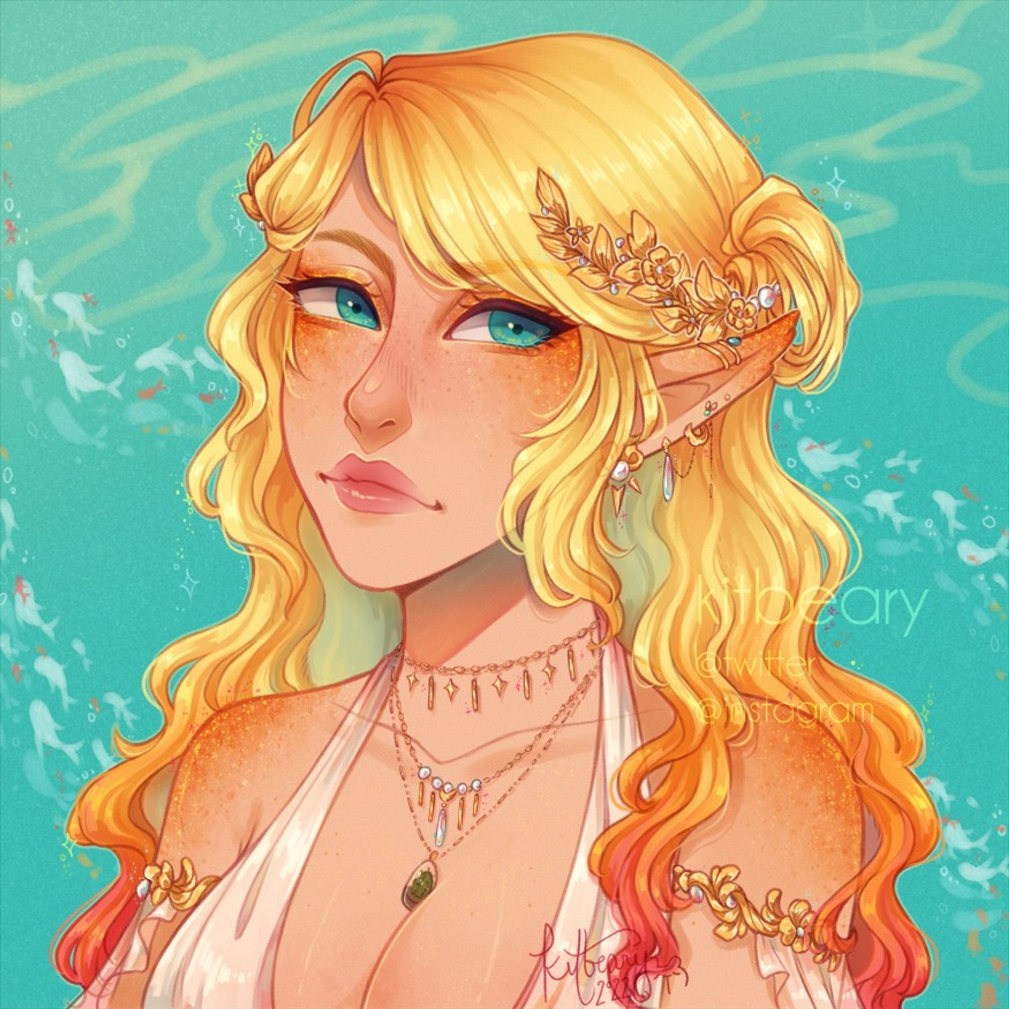 Anime-style portrait of a siren original character with long, wavy blonde hair and an orange-pink ombre. She has a golden laurel tucked into her hair and a sheer white halter top along with various gold accessories.