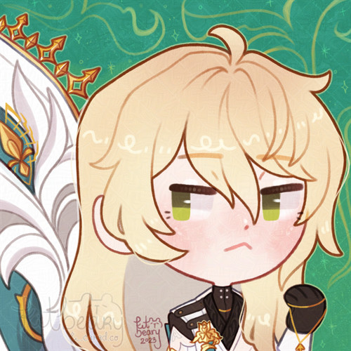 chibi-style icon of Luocha from the gacha game Honkai Star Rail. He's calmly looking off to the side and his coffin is behind him. He's holding up one hand while clutching a gold necklace/chain.