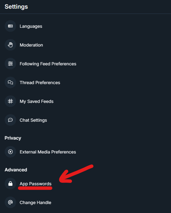 A screenshot of the Bluesky Settings page, showing the location of the link to the "App Passwords" page. It is the first link under the "Advanced" section of the Settings page, on both the mobile app and browser versions of the Bluesky app.