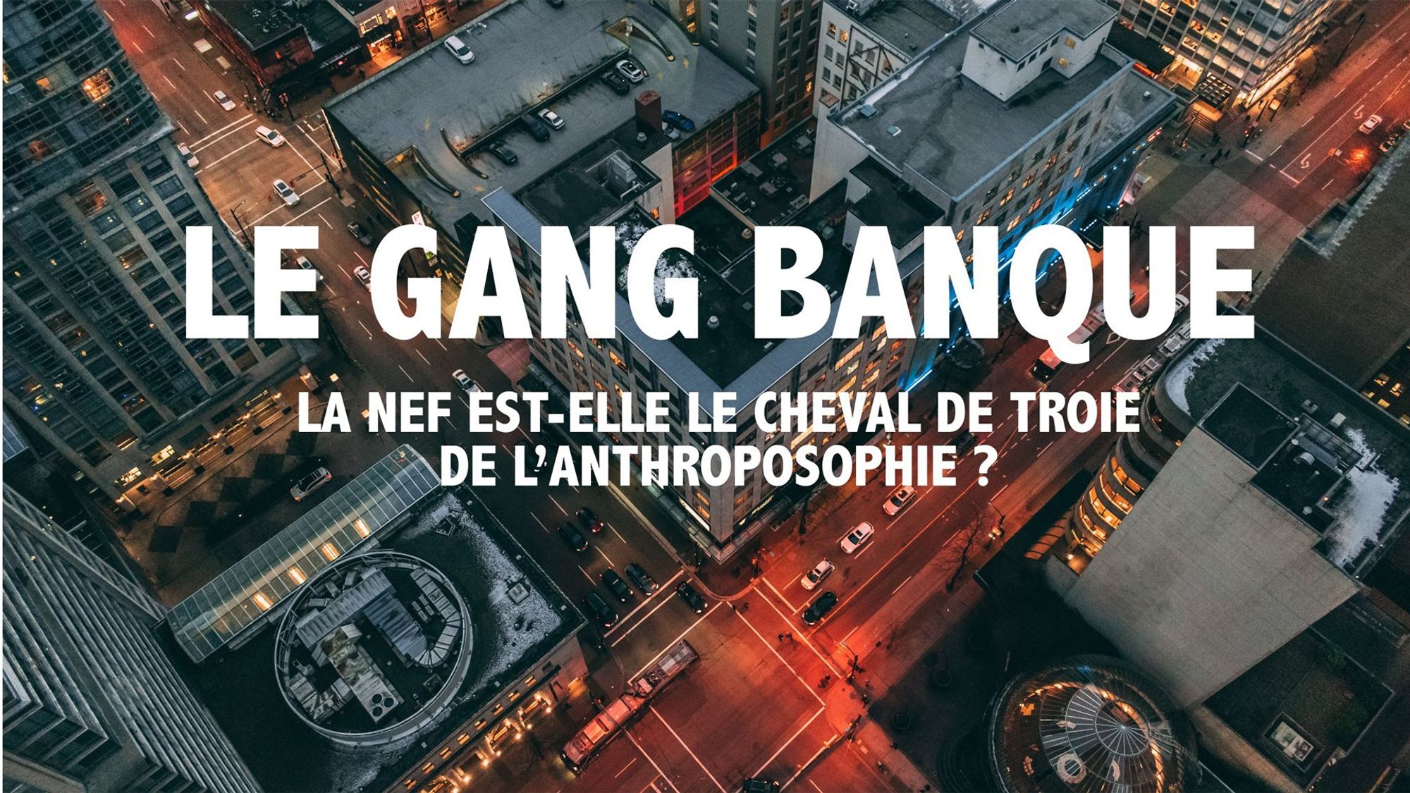 Illustration de la publication écrite par Élisabeth Feytit et intitulée : Le gang banque : la NEF est-elle le cheval de Troie de l'anthroposophie ? Le titre figure au centre, au premier plan. Le fond est une vue en plongée sur des gratte-ciel depuis le toit d'un gratte-ciel.