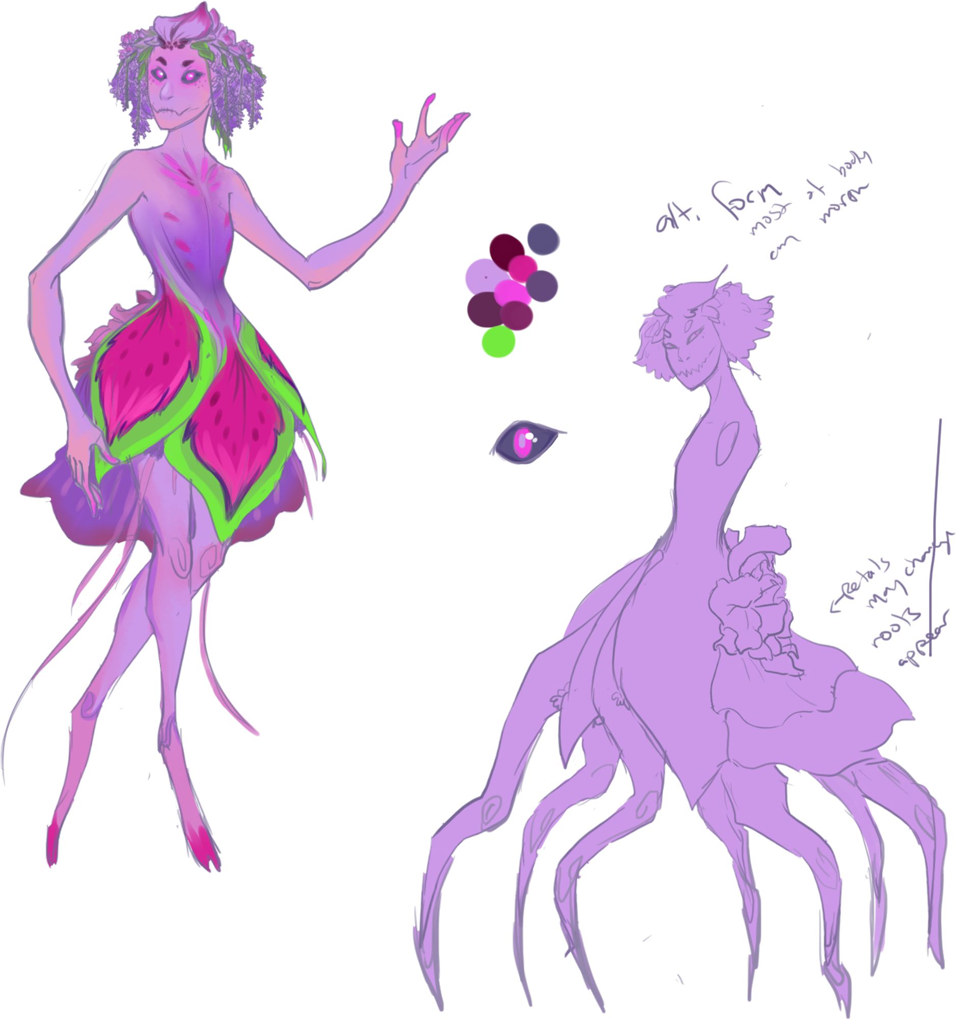 a ttrpg creature she is a flower like creature that can both be bipedal and also have 7root legs. the art of her is a pink fae looking creature with flower hair and petalled "dress"