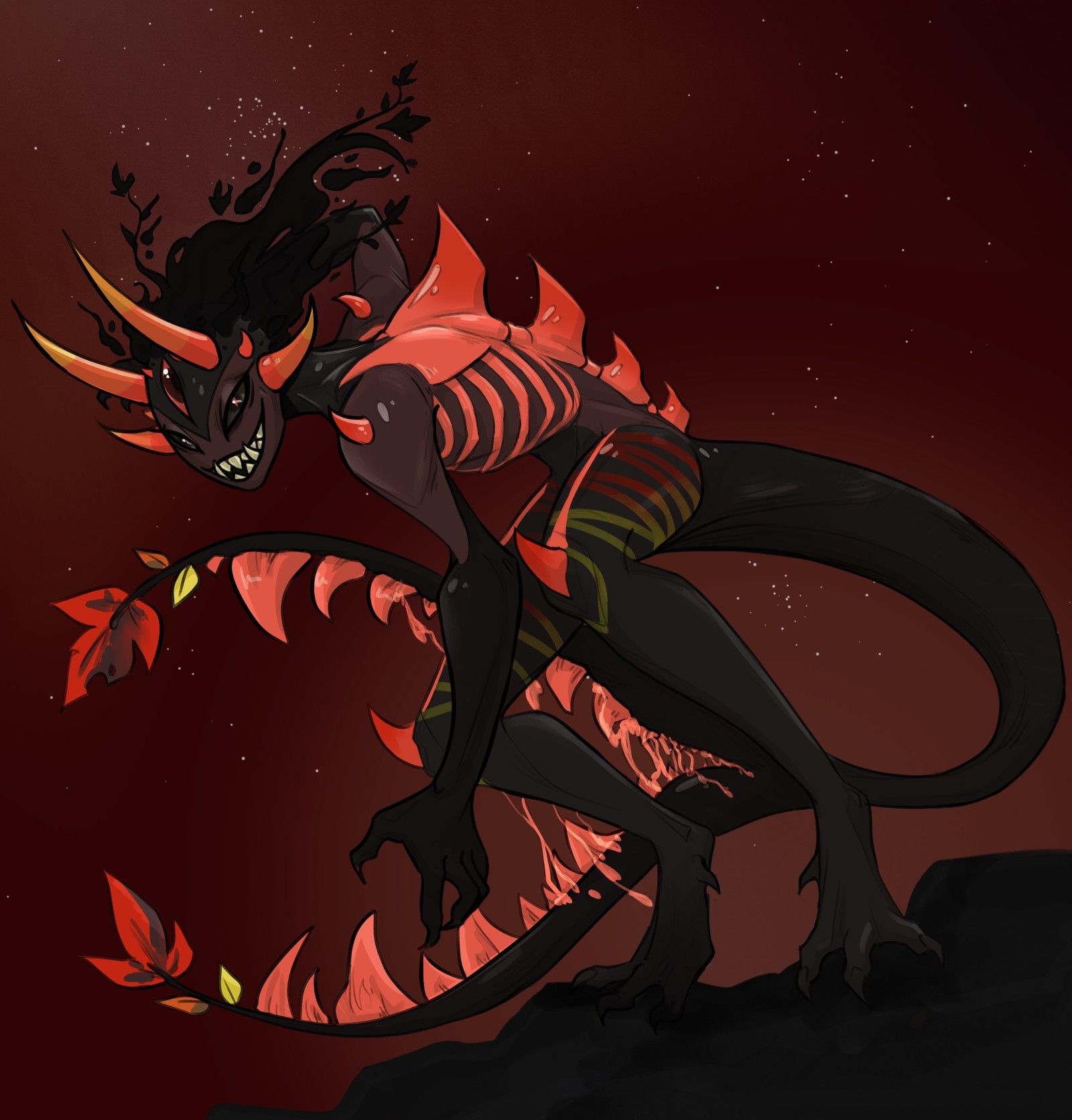 a creature with black flowing hair, they have a large tail with a maw in it, and red and black skin