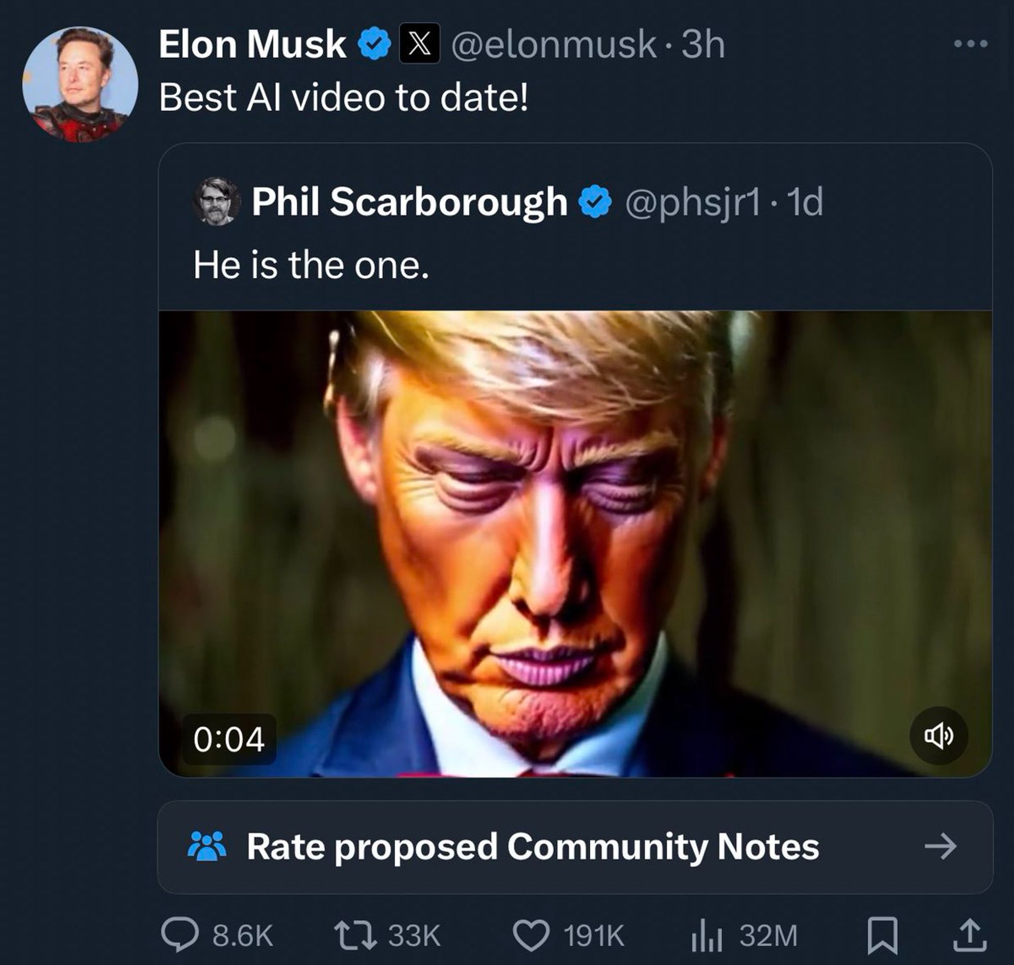 Twitter-Screenshot, der eine Äußerung von Musk zeigt, in der er ein KI-Video lobt, in dem Biden in einer fiktiven Matrix-Szene von Trump ermordet wird.