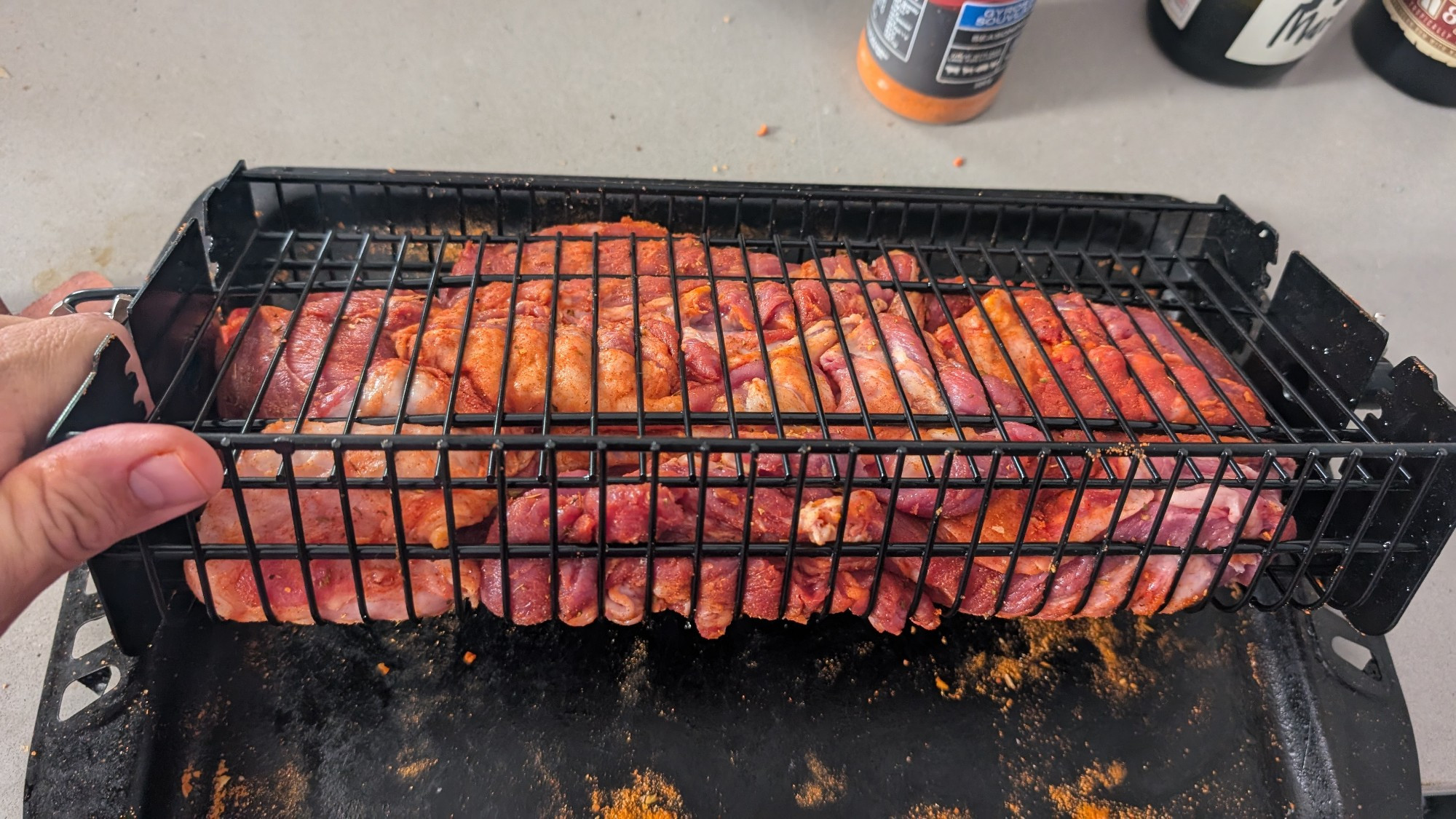 A Greek season and jammed into a rotisserie cage