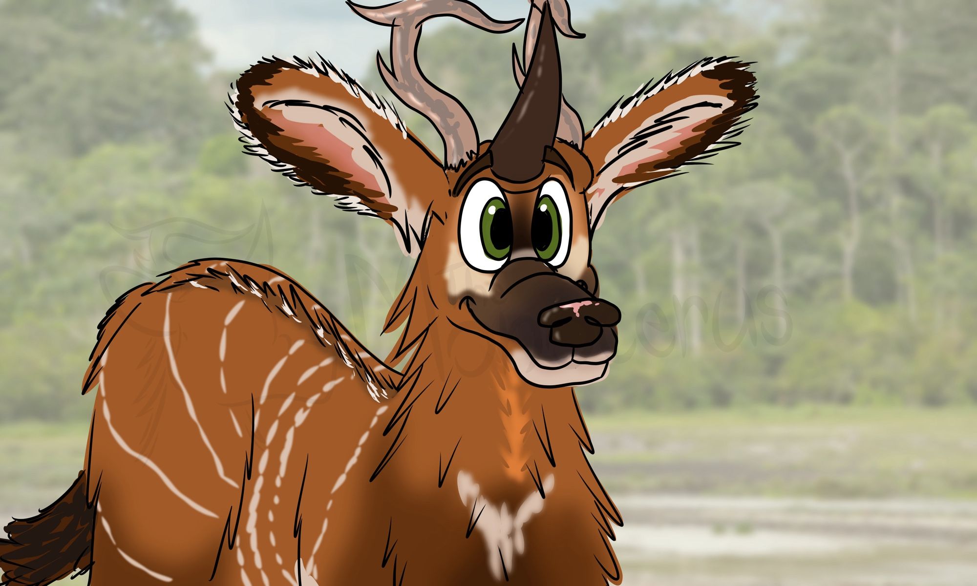 A quadruped chimera mammal with the stripes and patterns of a bongo. He has a wrinkled snout, big fluffy ears, a fluffy neck, a black horn, and antlers. He is smiling.