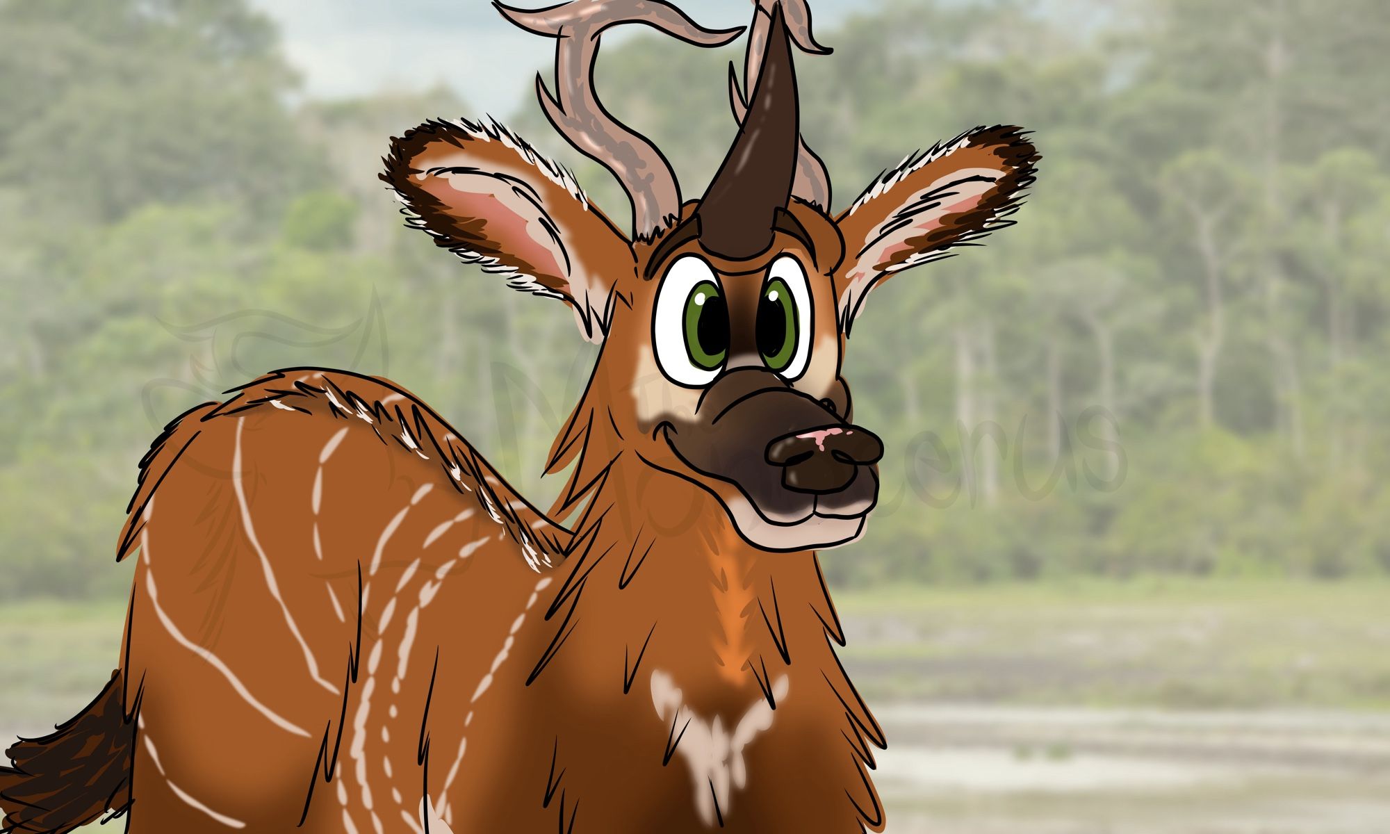 A quadruped chimera mammal with the stripes and patterns of a bongo. He has a wrinkled snout, fluffy ears, a fluffy neck, a black horn, and antlers. He is smiling.