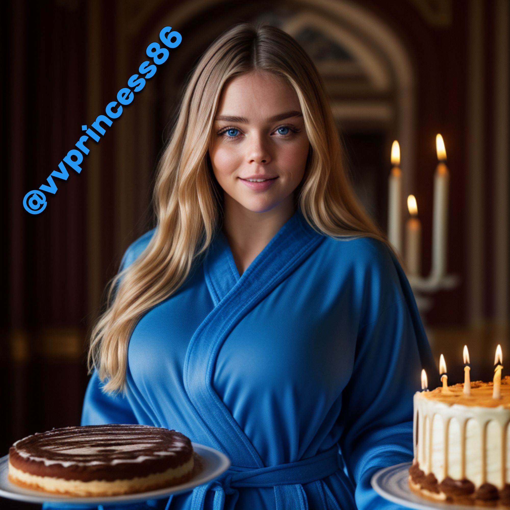 An AI picture of Venus Rune. Yes, that is me. I am holding 2 birthday cakes and wearing blue robes with my long blonde hair down. Around me are candles.