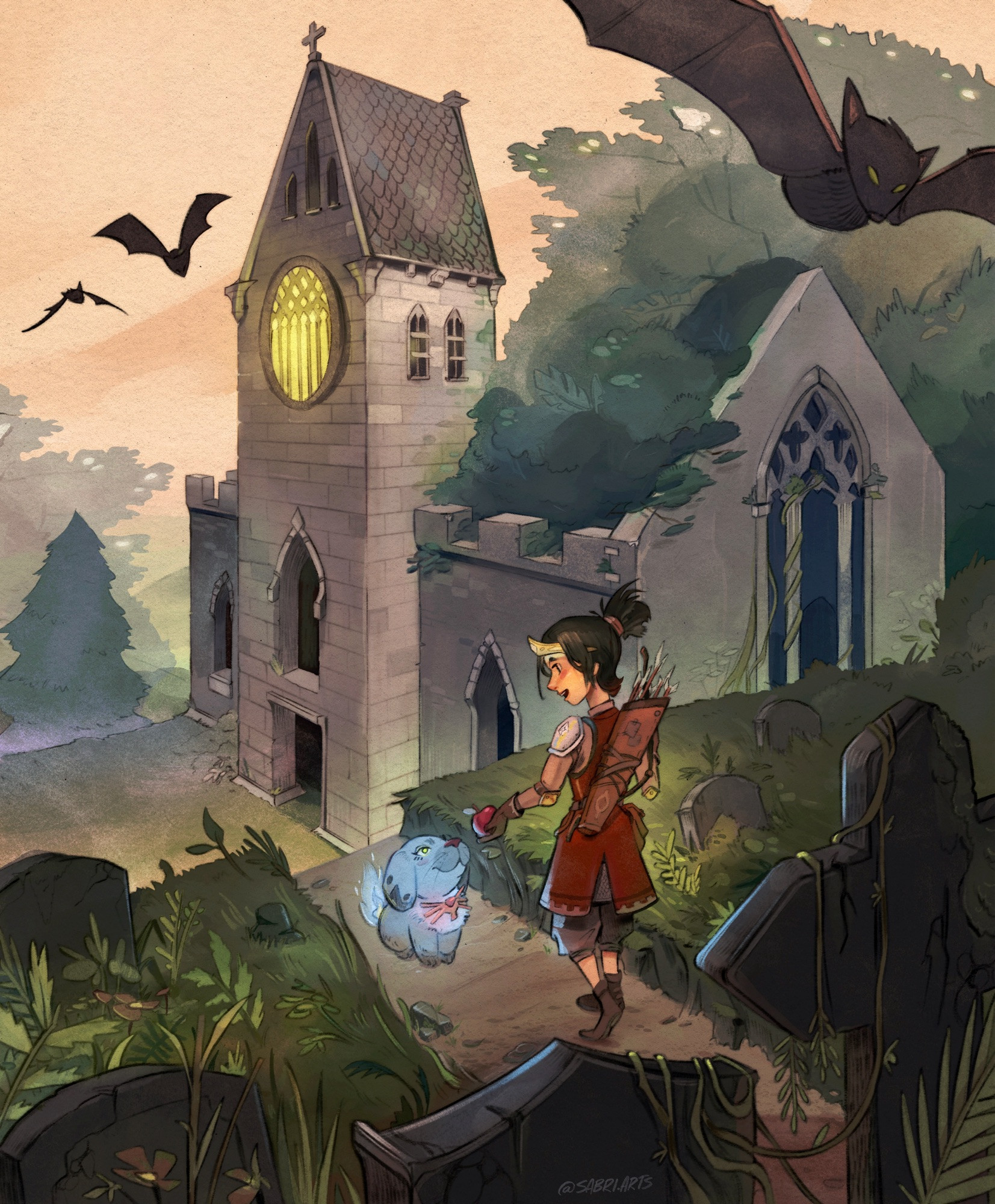 Fantasy art of an overgrown cemetery, a kind character offering an Apple and a mystical pup