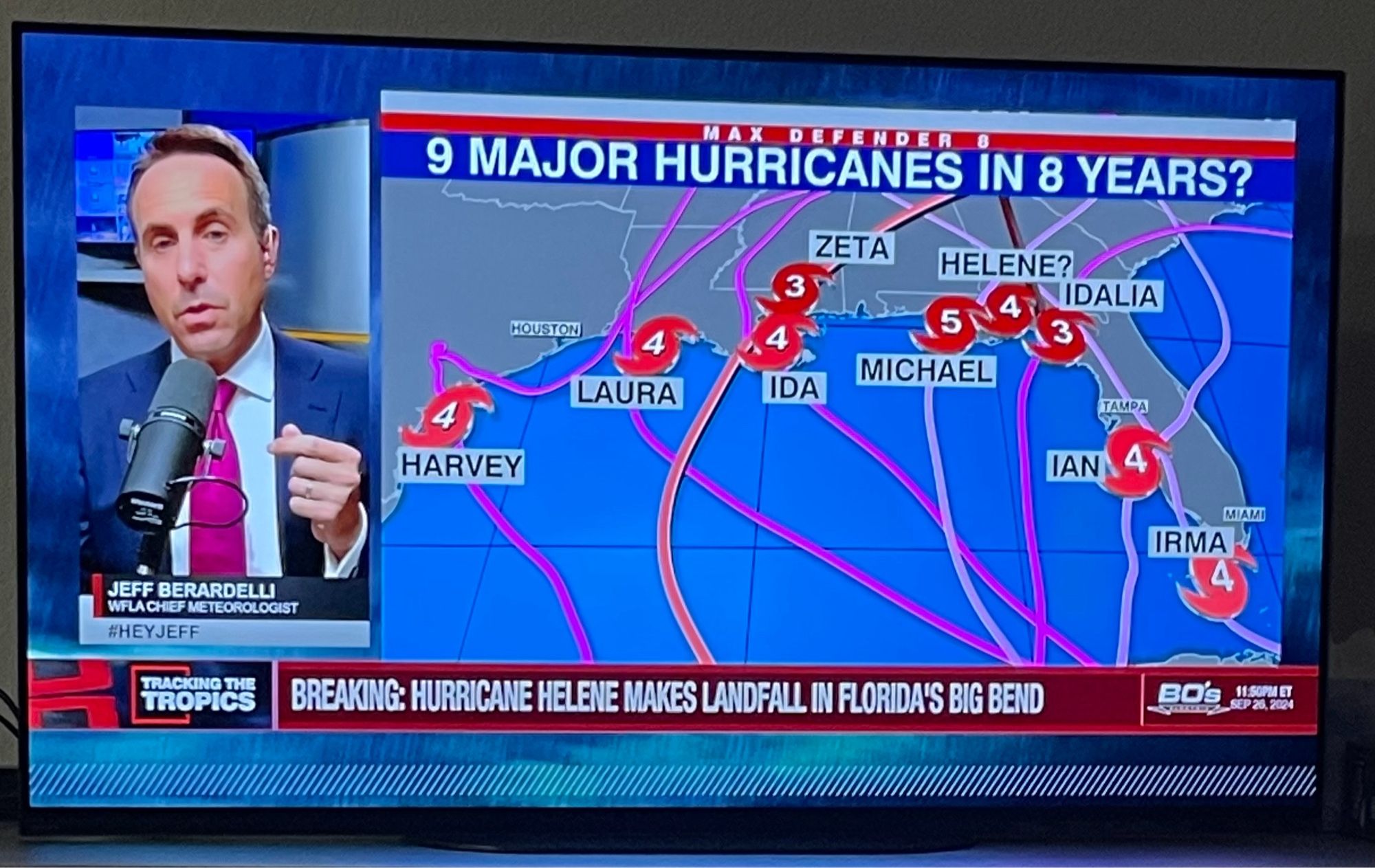 A map of the Gulf showing various Cat 3 to 5 storms making landfall. From Texas to Florida, Harvey, Laura, Ida, Zeta, Michael, Idalia, Ian, Irma, and now Helene. 9 major hurricanes in 8 years as the slide’s title.