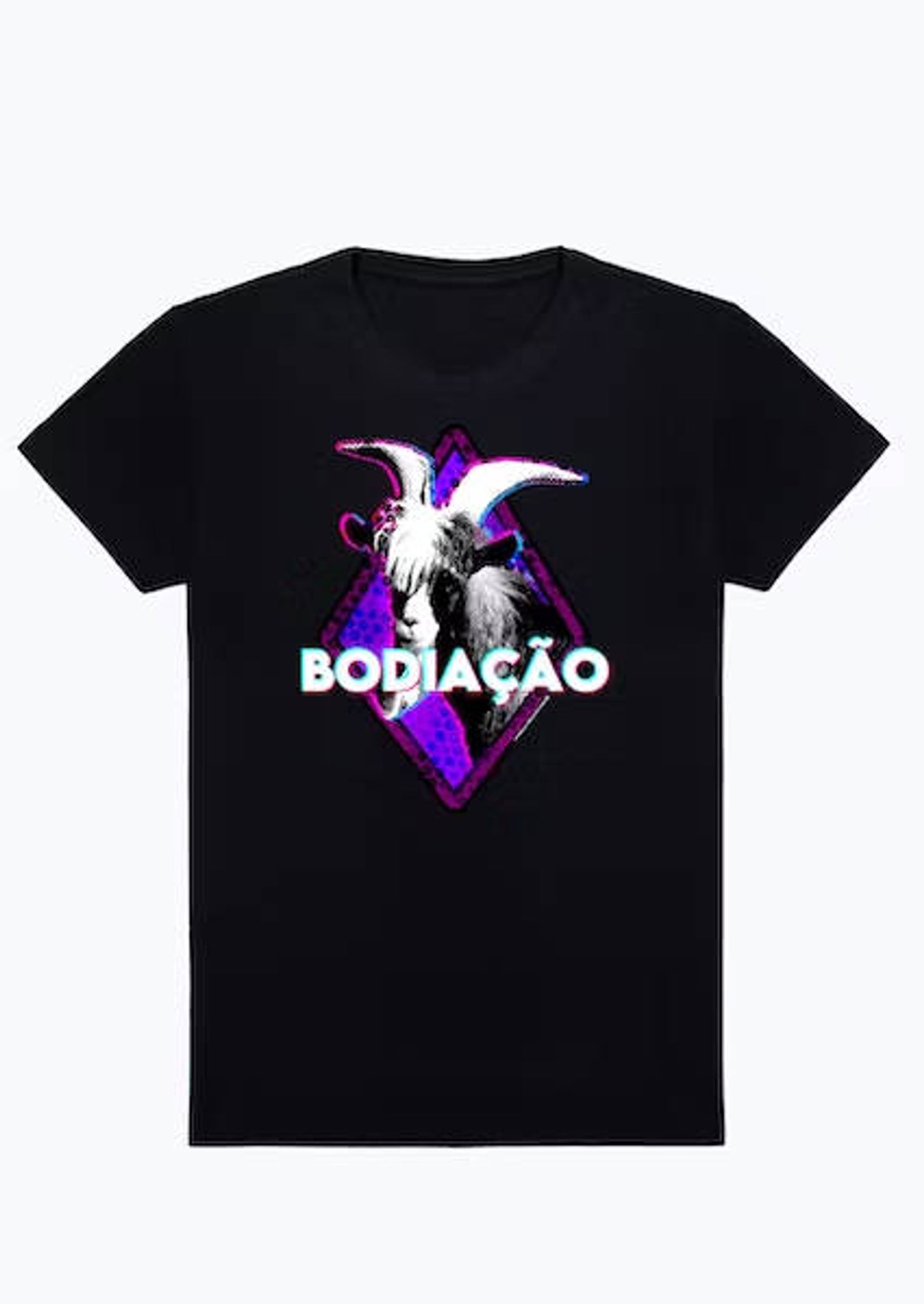 Camiseta do FAROFEIROS com a estampa de bode com a palavra BODIAÇÃO em destaque