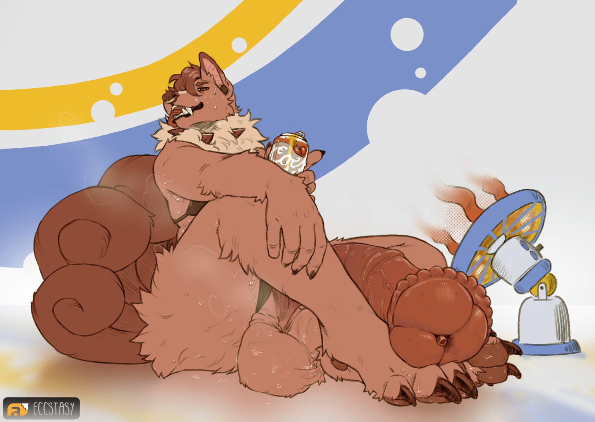 NSFW, explicit content

A transfem, anthro, pokemon (rockruff x vulpix) lounging with her balls and huge equine dick out. A fan is blowing on her while she drinks a knock off beverage.