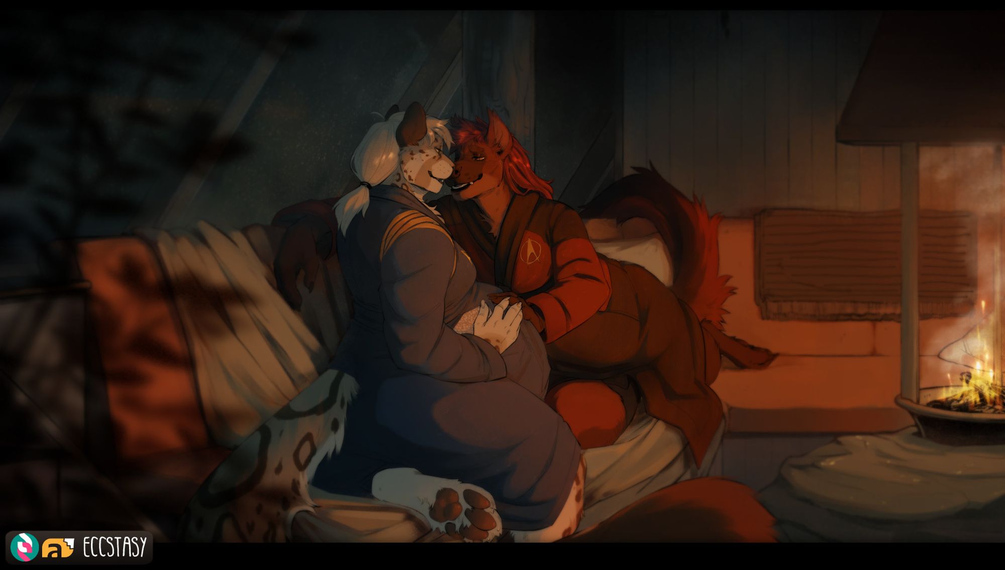 Two heavily pregnant characters (an anthro snow leopard and hyena) spend time together in a cabin during a storm by a dimming fire.