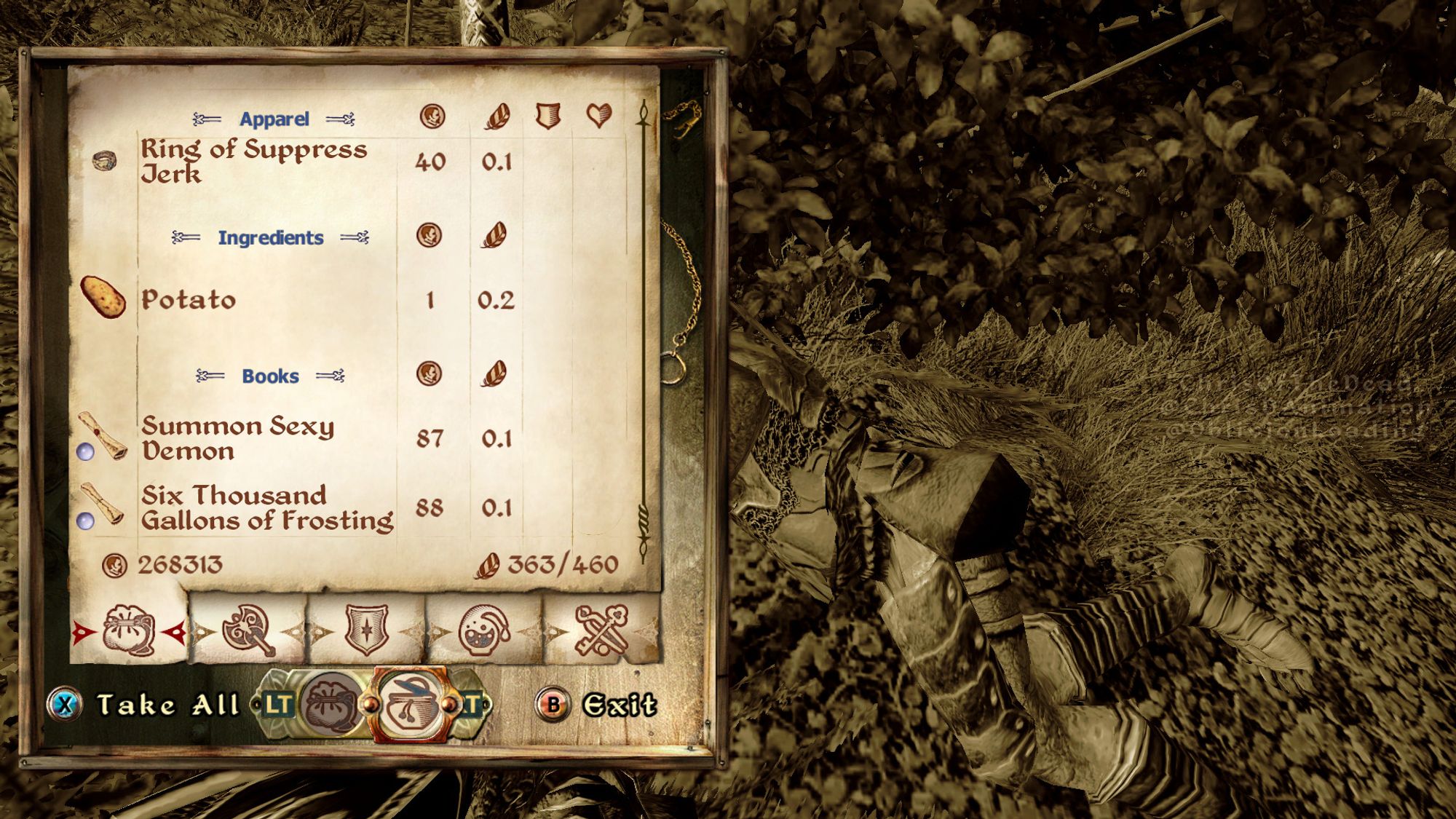 A screenshot of The Elder Scrolls 4: Oblivion, of the player looking at the inventory inspection screen for the dead goblin.