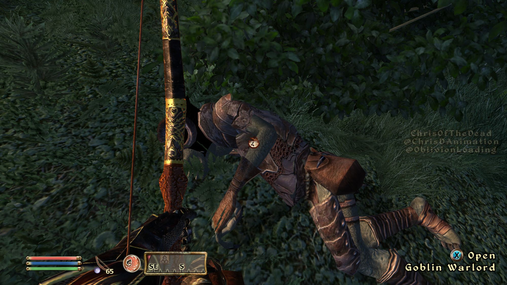 A screenshot of The Elder Scrolls 4: Oblivion, of the player looking at a dead, armored goblin in a grassy field.