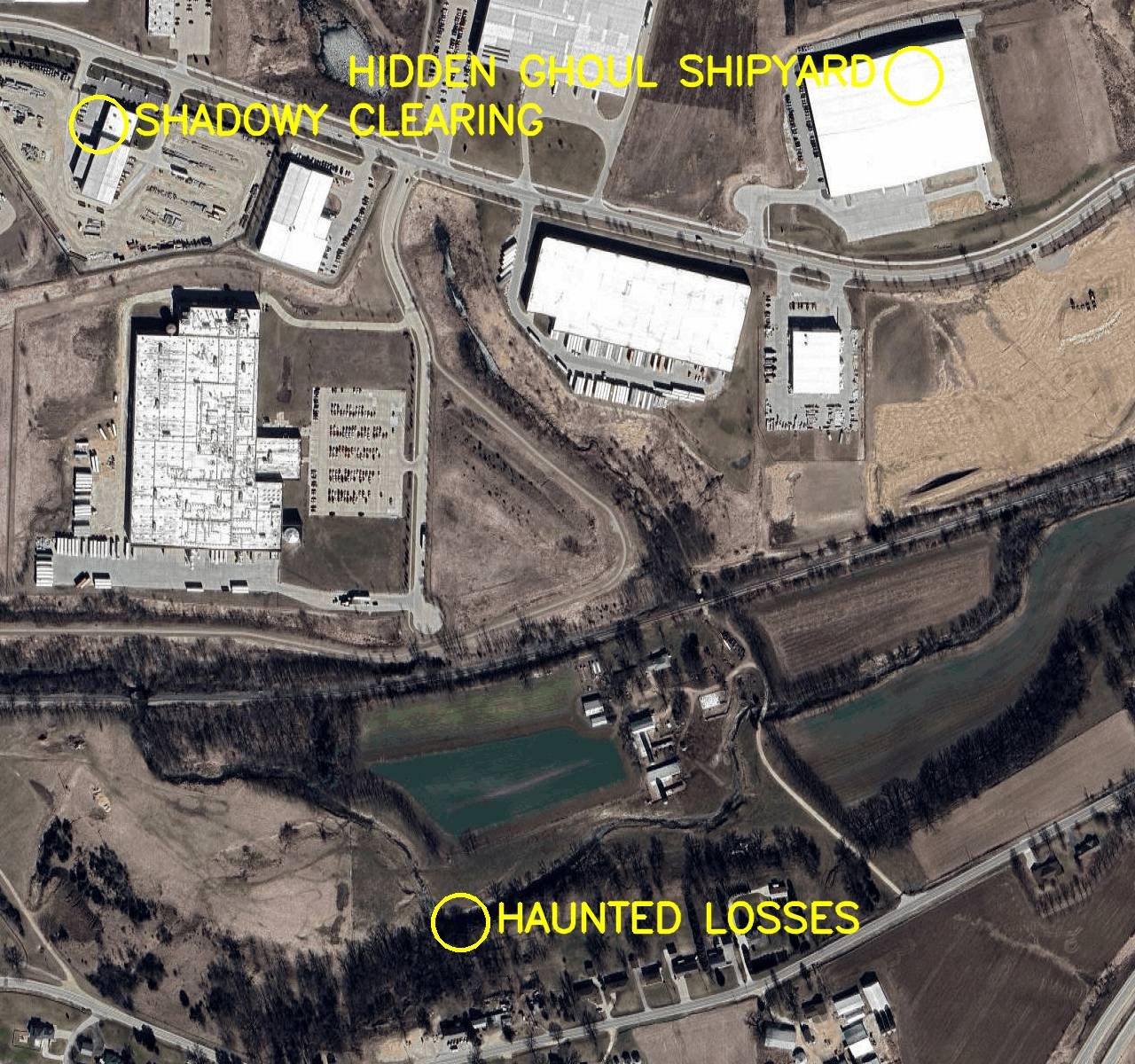 Aerial satellite photo labelled in bright yellow letters: 

1. Hidden Ghoul Shipyard
2. Haunted Losses
3. Shadowy Clearing
