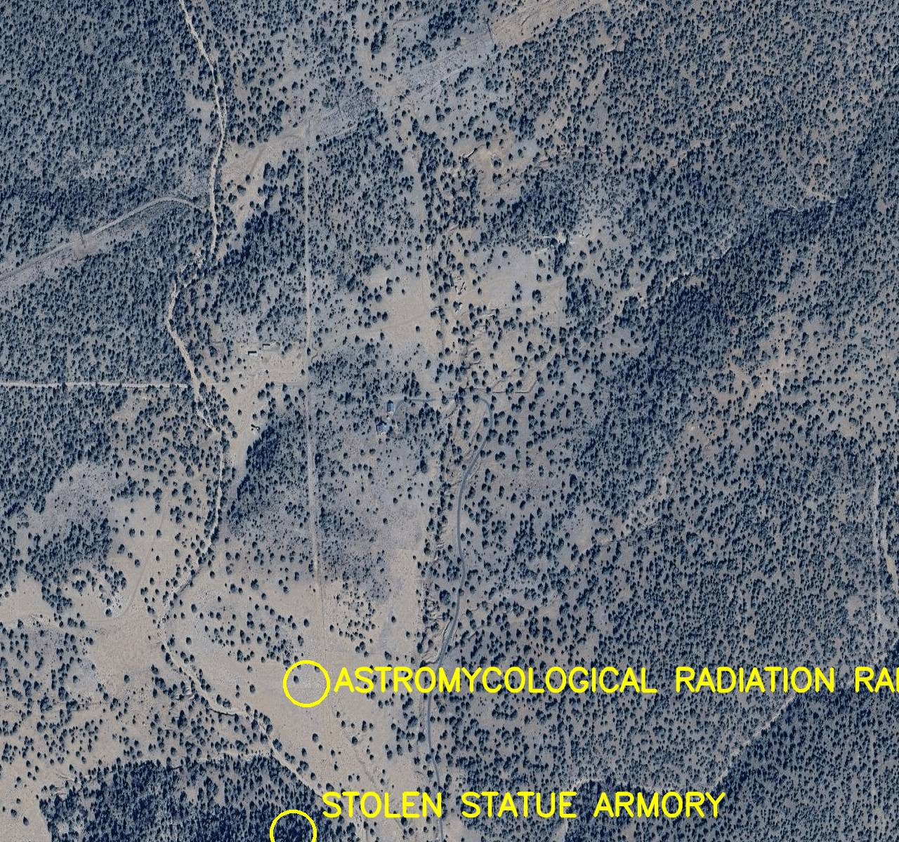 Aerial satellite photo labelled in bright yellow letters: 

1. Astromycological Radiation Railway
2. Stolen Statue Armory