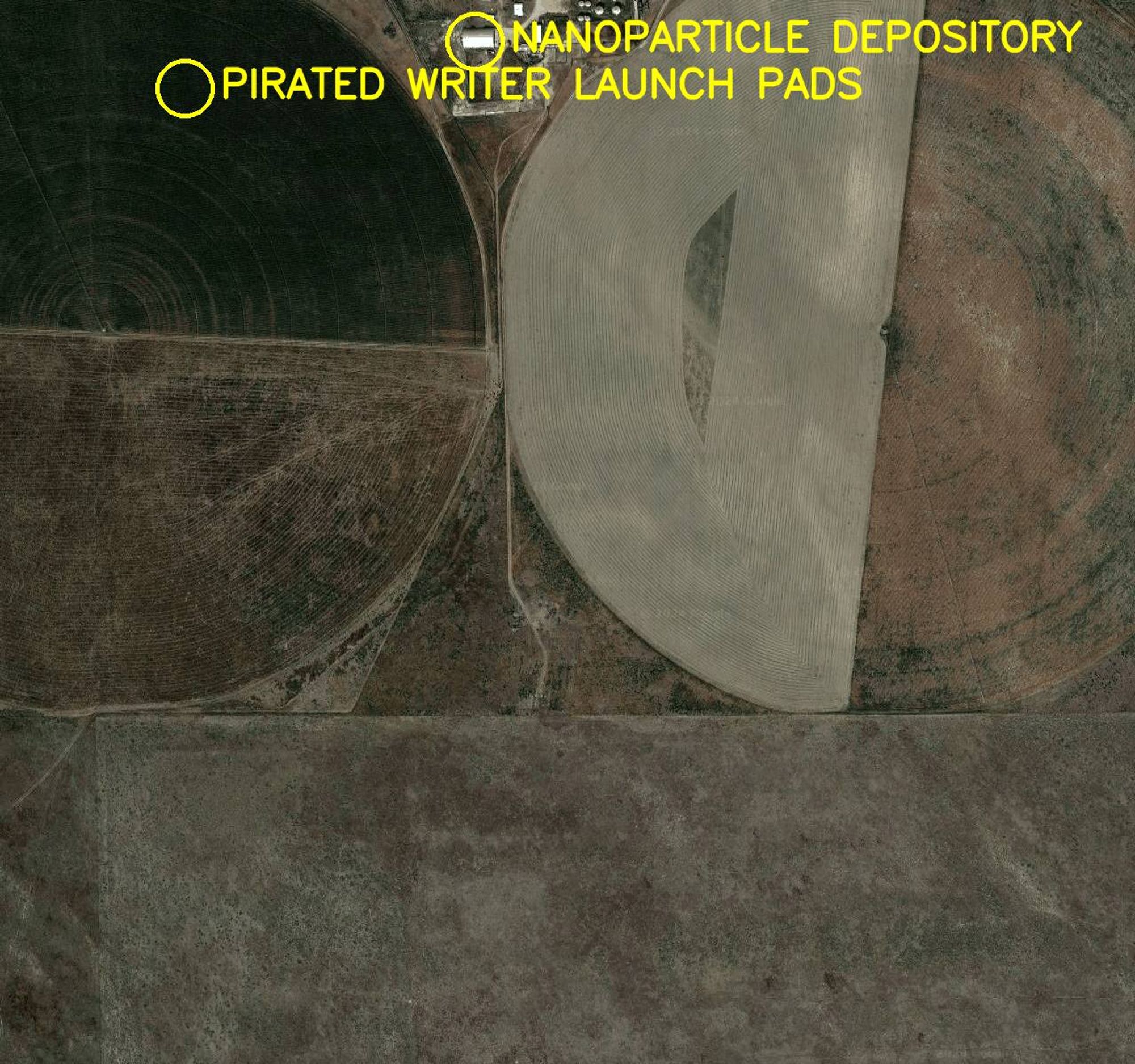 Aerial satellite photo labelled in bright yellow letters: 

1. Nanoparticle Depository
2. Pirated Writer Launch Pads