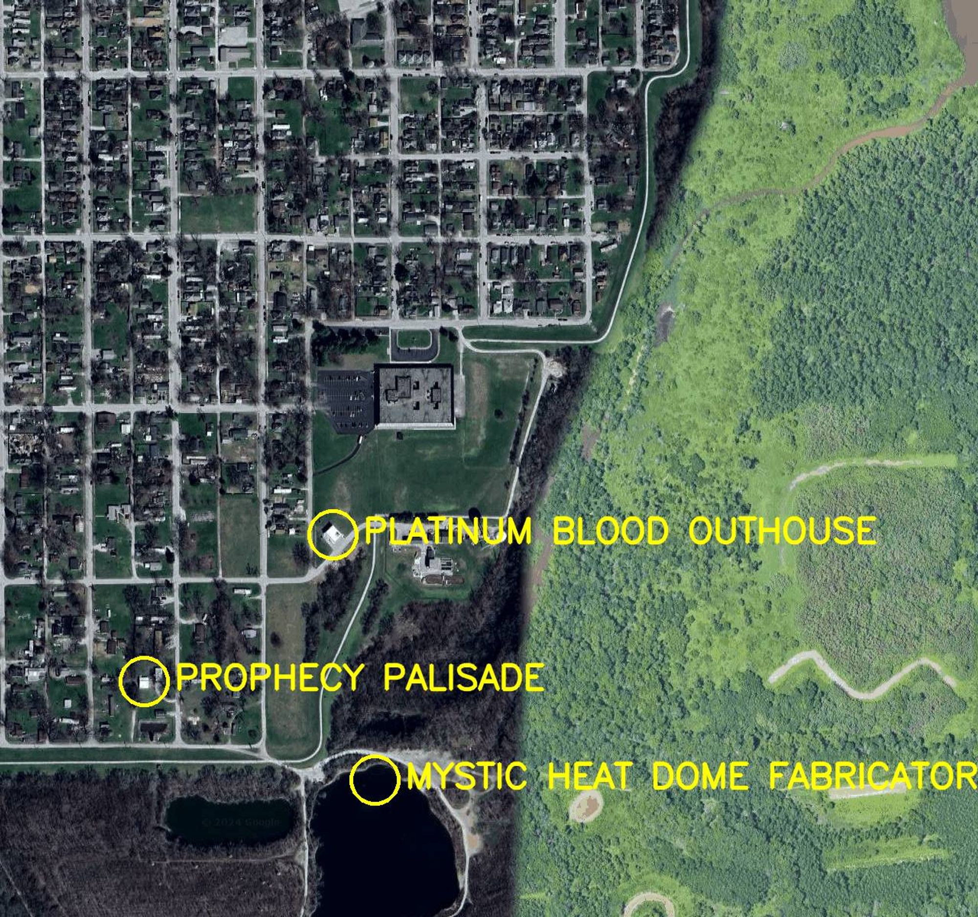 Aerial satellite photo labelled in bright yellow letters: 

1. Platinum Blood Outhouse
2. Mystic Heat Dome Fabricator
3. Prophecy Palisade
