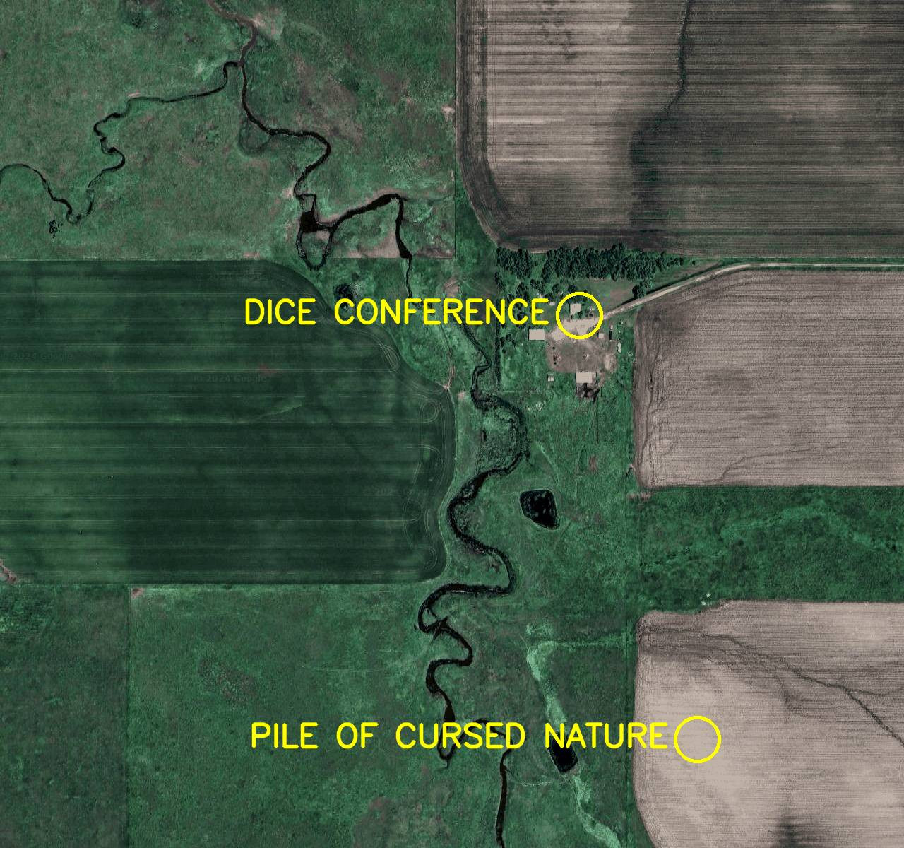 Aerial satellite photo labelled in bright yellow letters: 

1. Pile of Cursed Nature
2. Dice Conference
