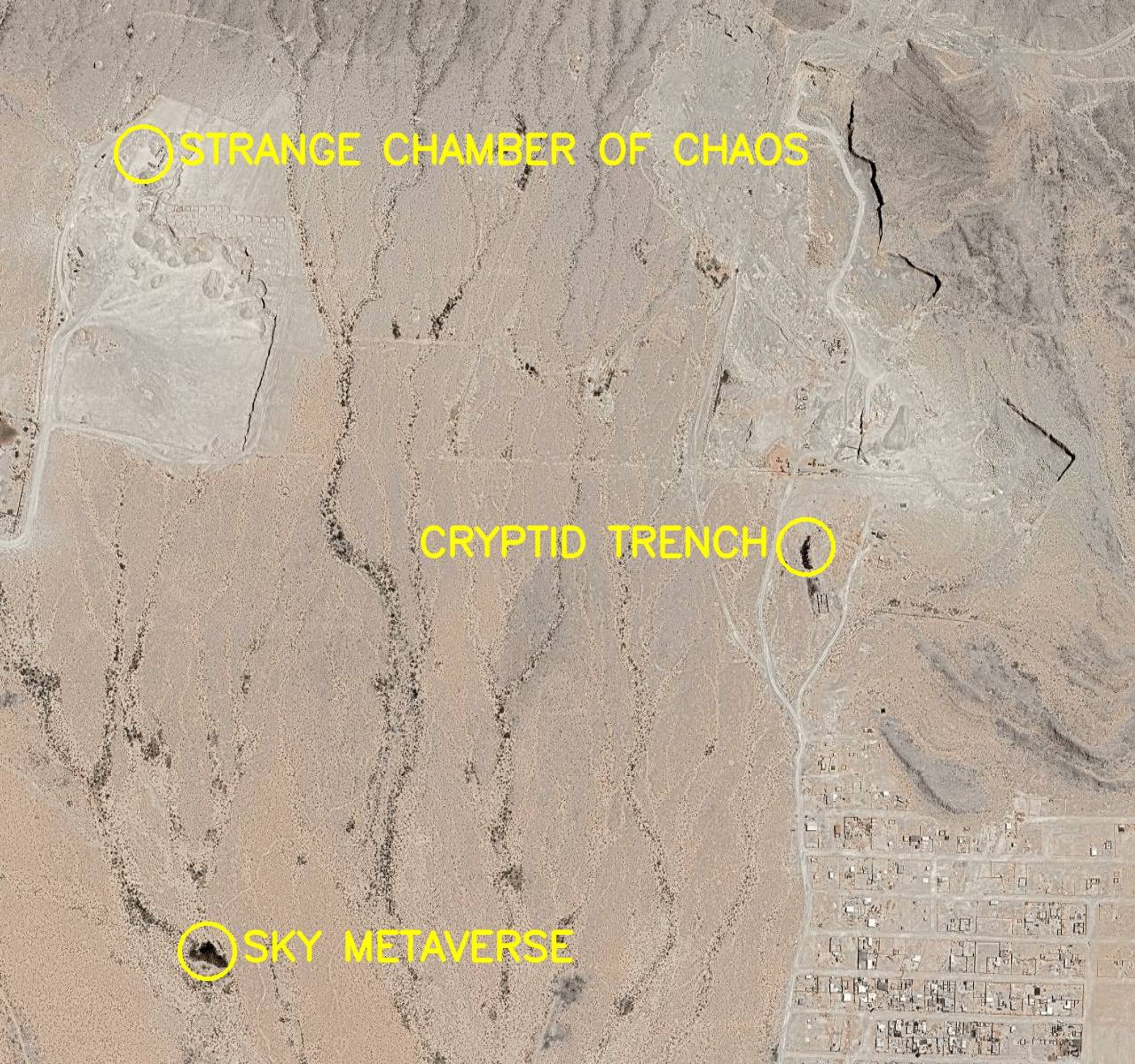 Aerial satellite photo labelled in bright yellow letters: 

1. Strange Chamber of Chaos
2. Sky Metaverse
3. Cryptid Trench
