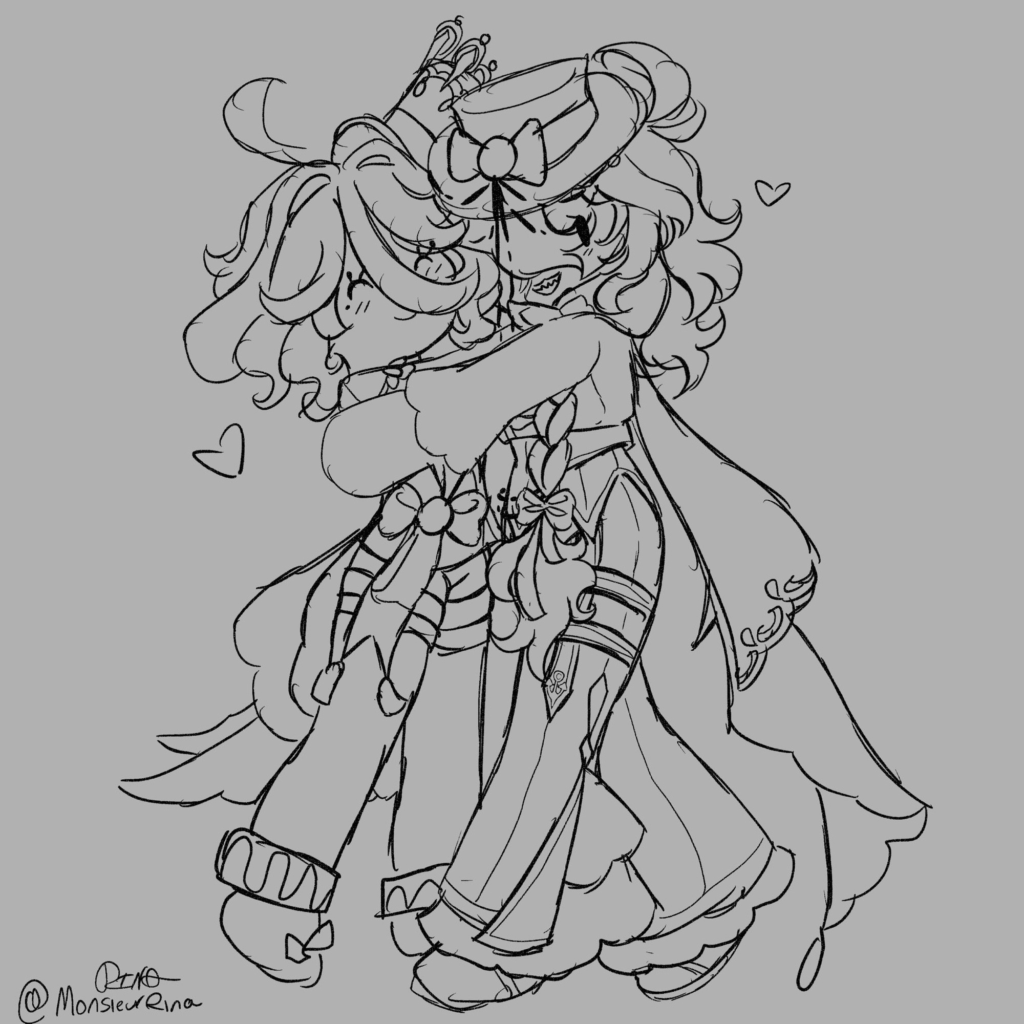 A chibi doodle of Furina from Genshin Impact and Acantha who is an OC hugging.