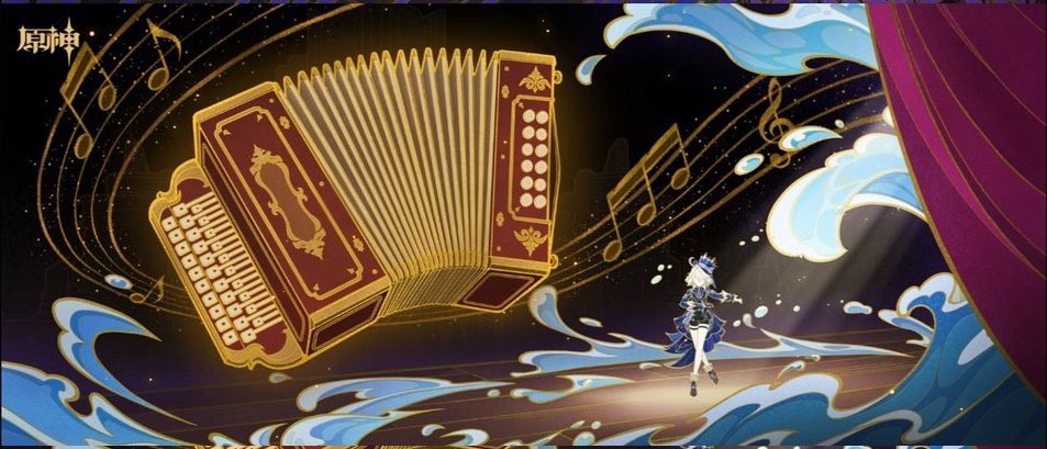 The Furina wallpaper from (link incoming) https://m.weibo.cn/status/5086448137539917?jumpfrom=weibocom (end of link) 
In the image, Furina is bowing on a stage with water swirling around her, in the sky there is an Accordion with some golden music notes swirling around it.