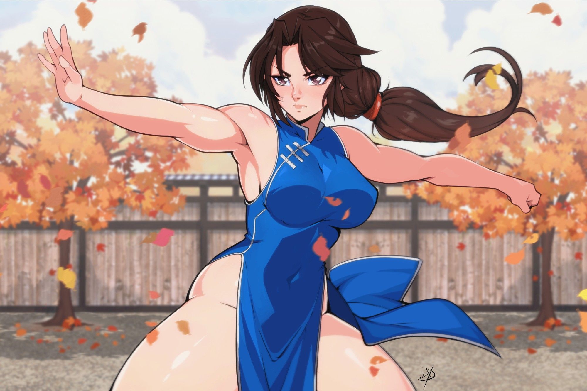 Xiuying Hong from Shenmue 2, illustrated by DeluxDrawing. She is pictured outdoors in a fighting stance with hips and arms spread wide. Blue dress and hair flowing in the wind as autumn leaves fall around her. She wears a serious expression.