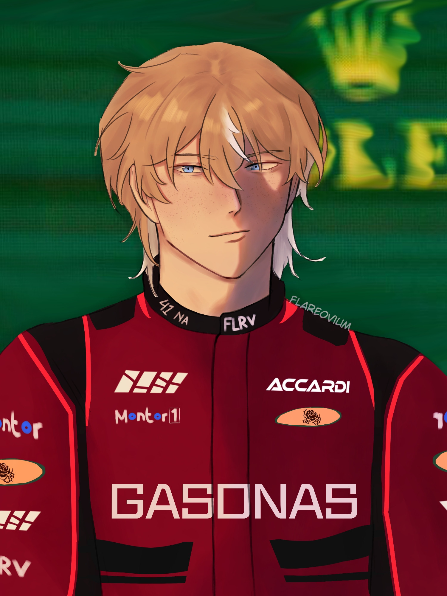 the image is an artwork of the artist's racecar driver original character. he has fair skin, blonde hair with white streaks, blue eyes, freckles, and is wearing a red racer suit. the character is standing on a podium, and is being bathed in sunlight.