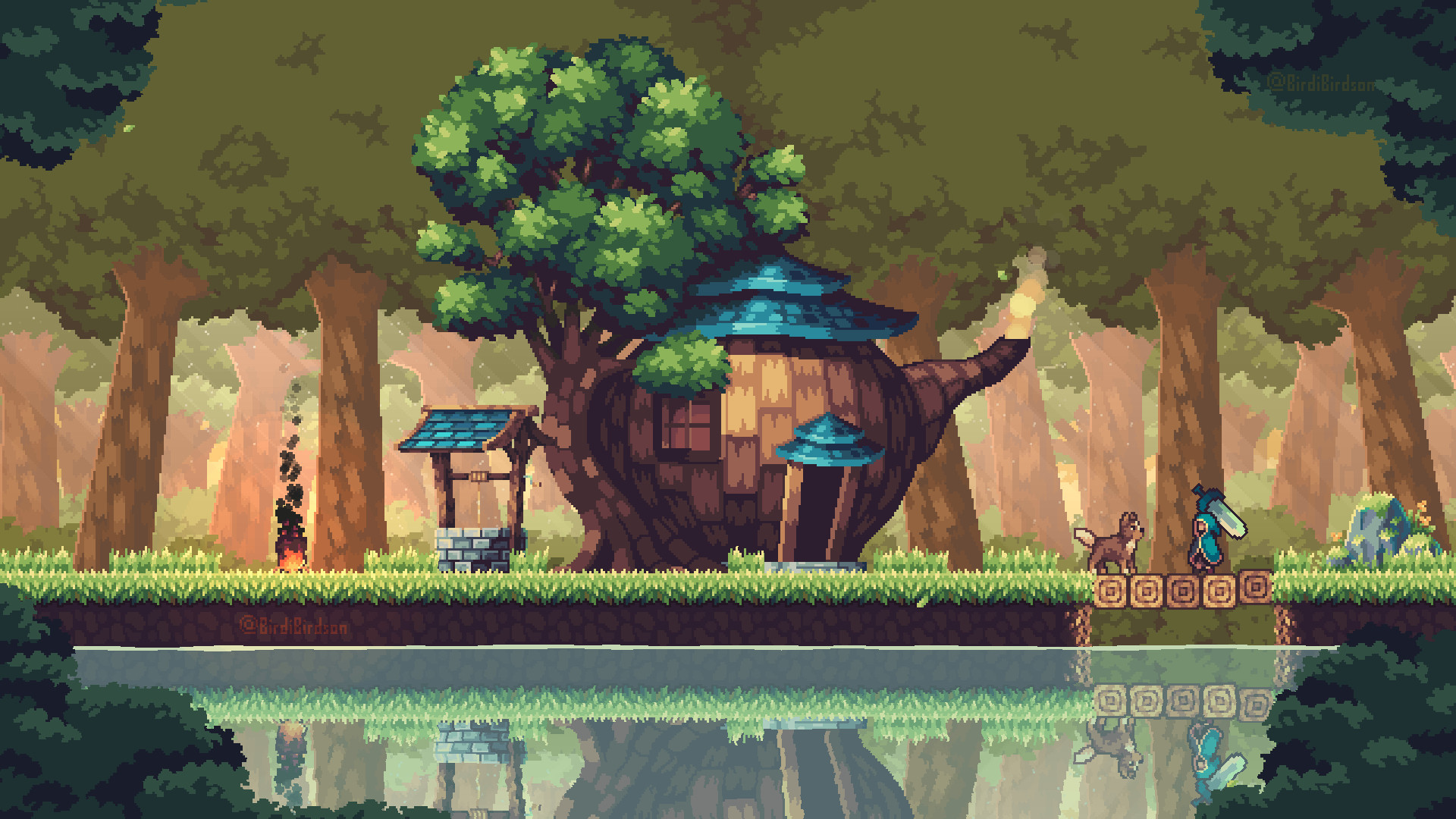 Pixelart platforming game: A teapot-shaped house in a forest at a river