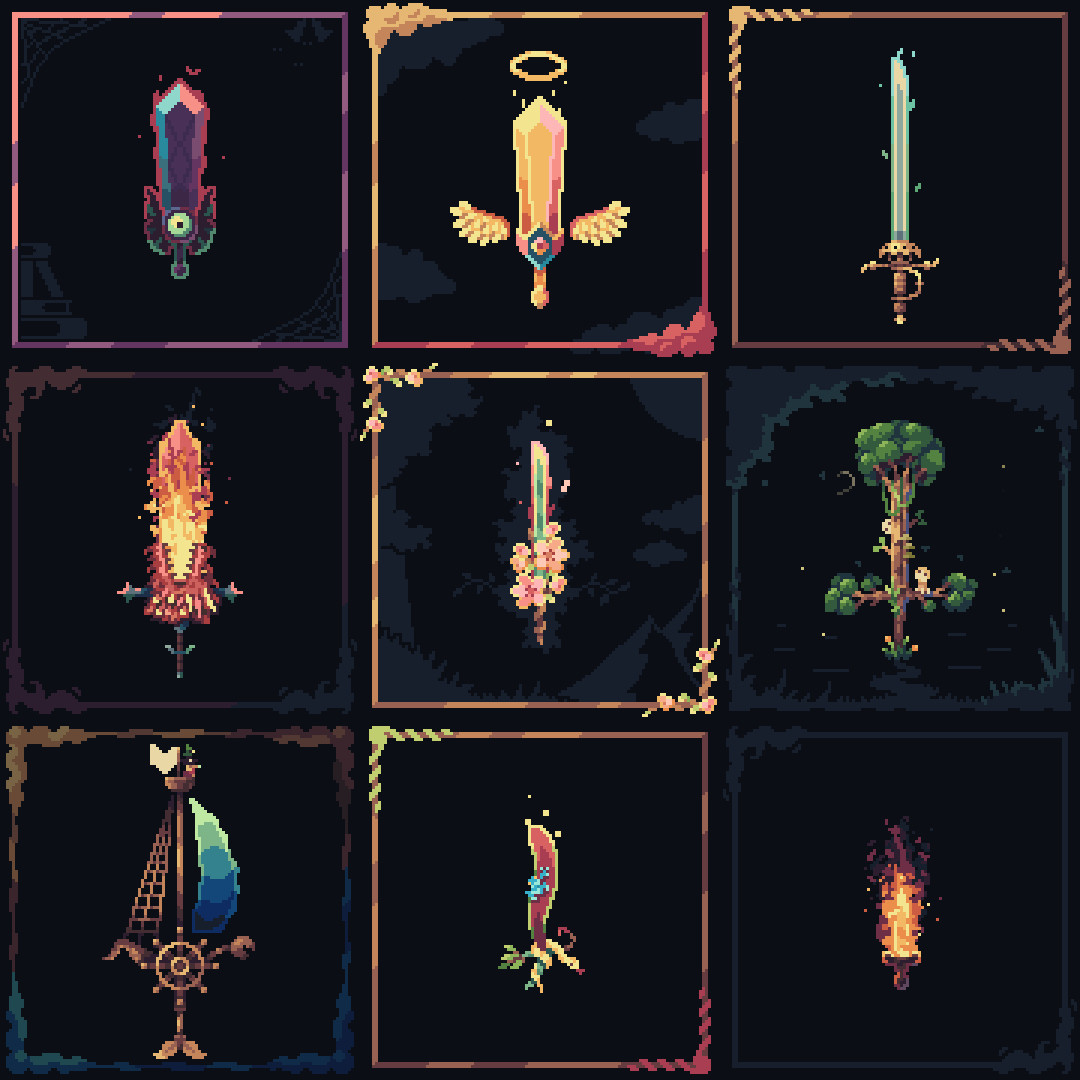 9 pixelart sword for different "swordtember" themes, such as fire, duel, forest and more