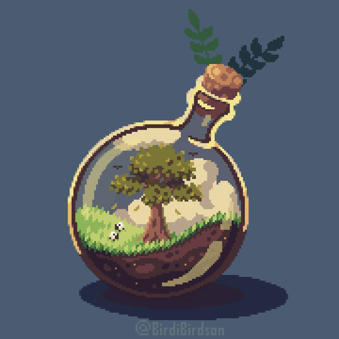 pixelart of a round flask: inside are miniature sheep running through the grass around a tree