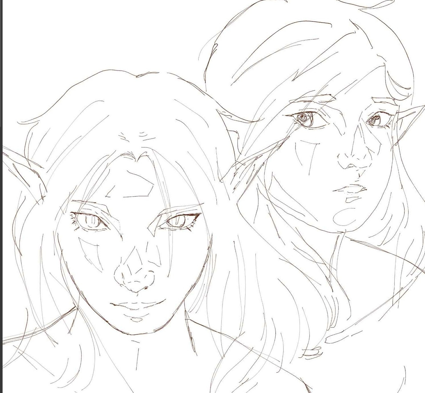 A thin-lined sketch of two elf eared people. It is drawn from the bust up and has coloring guidelines