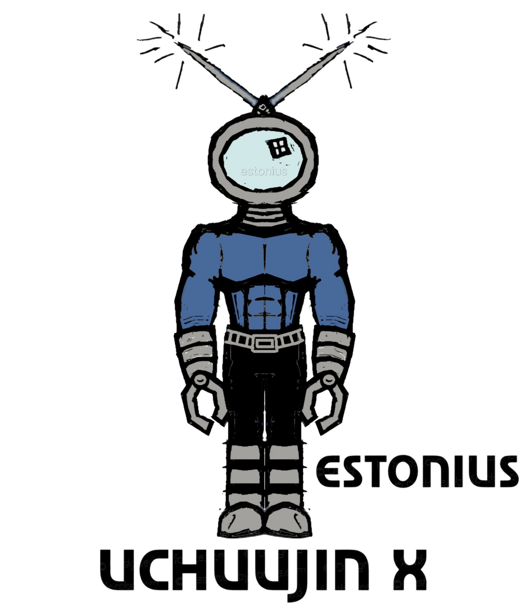 An old penciled doodle of mine from many, many moons ago: a pre-Cantian [FLCL] fishbowl-shaped and antenned tv set-headed cybernetic alien.

I updated it with a blue ballpoint ink-pen, scanned it in, and then roughly edited/coloured it in MicroSoft Paint.

Uchūjin X™, 宇宙人 X™, And Charolastra X™ © Eric Olenslager - All Rights Reserved.