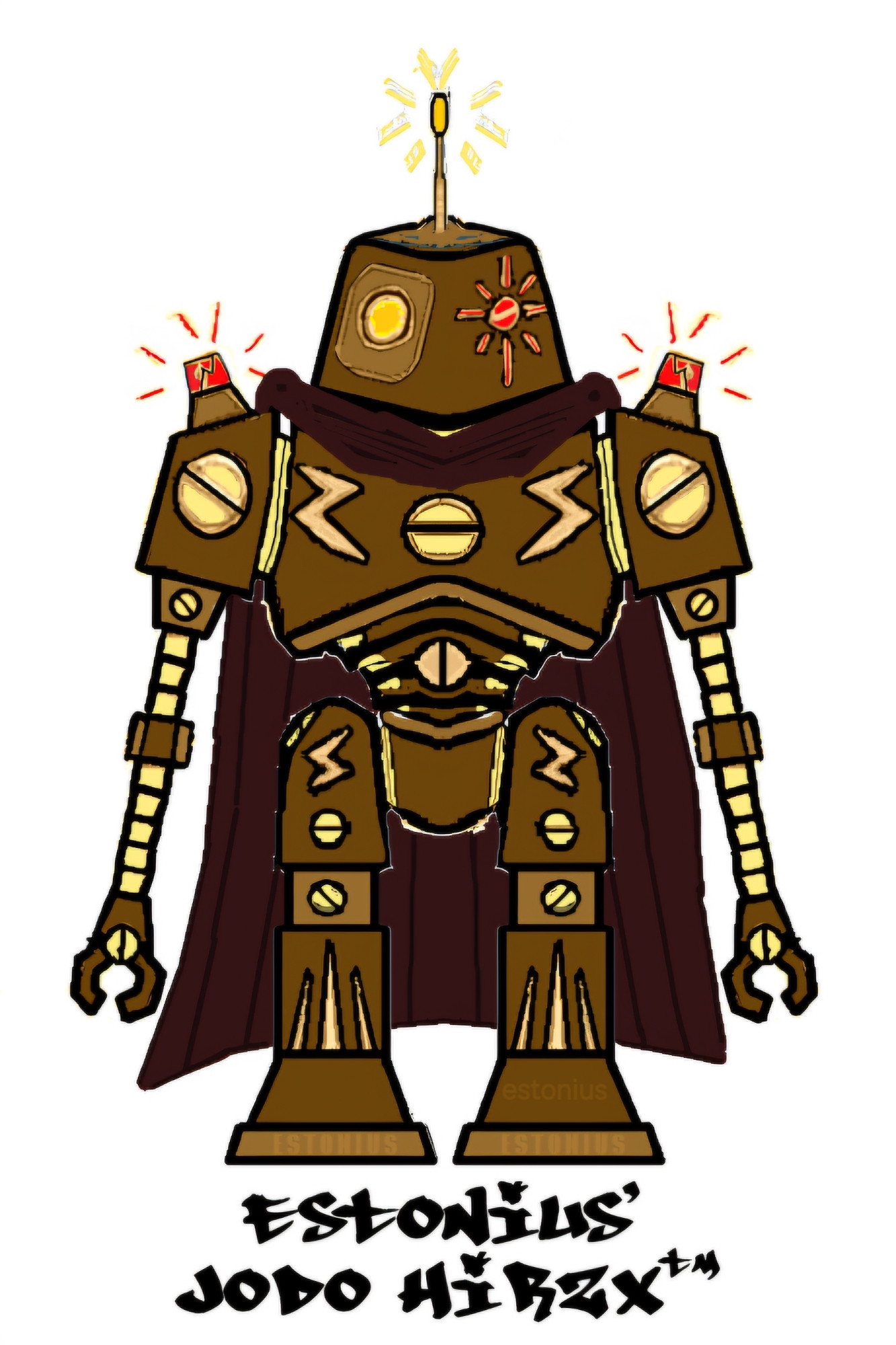 My 2017 scanned-in ink-pen sketch / MicroSoft Paint pixel art hybrid drawing of my original 'droid character Jodo Hirzx in his wooden golem form.

Inspired by Futurama Bender's wooden downgrade, Mega Man's Wood Man, and Adventure Time's Fern, I redesigned my 'droid character Jodo Hirzx as a wooden golem. The redesign probably ended up looking more like brass than wood... *shrug* Oh, well... =/  And, anyway and finally, every wooden golem needs a cape!  ;) (Oh, he, also, wields a rudimentary wooden sword, which is not pictured...)

Wooden Golem Jodo Hirzx's design ended up giving me a Robin Hood and Dungeons & Dragons' vibe.

And Jodo Hirzx's original design was influenced by Star Wars' K-2SO, R2-D2, R5-D4, R1-G4, & Imperial Viper Probe Droid; and The Black Hole's Maximilian &  V.I.N.CENT.

DnD, D&D, DungeonsAndDragons, RobinHood

Wooden Golem Jodo Hirzx™, Jodo Hirzx™,  And Jode O'Hirzx™ © Eric Olenslager - All Rights Reserved.