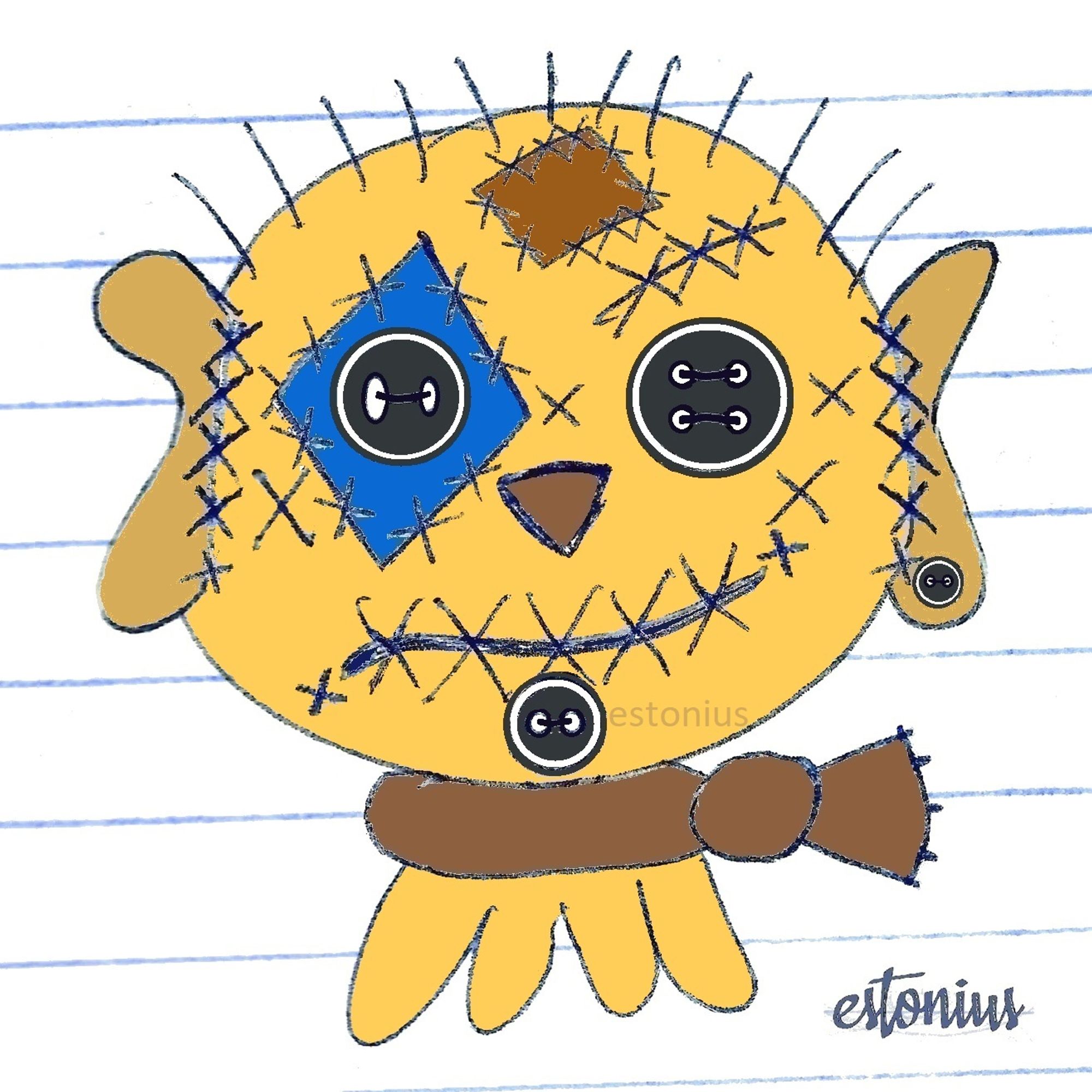 My 2023 sketch of my original character FrankenStitch™ / Frankenstitch™ (a patchwork scarecrow monster creature) as a shrunken head voodoo doll MadBall.  =)