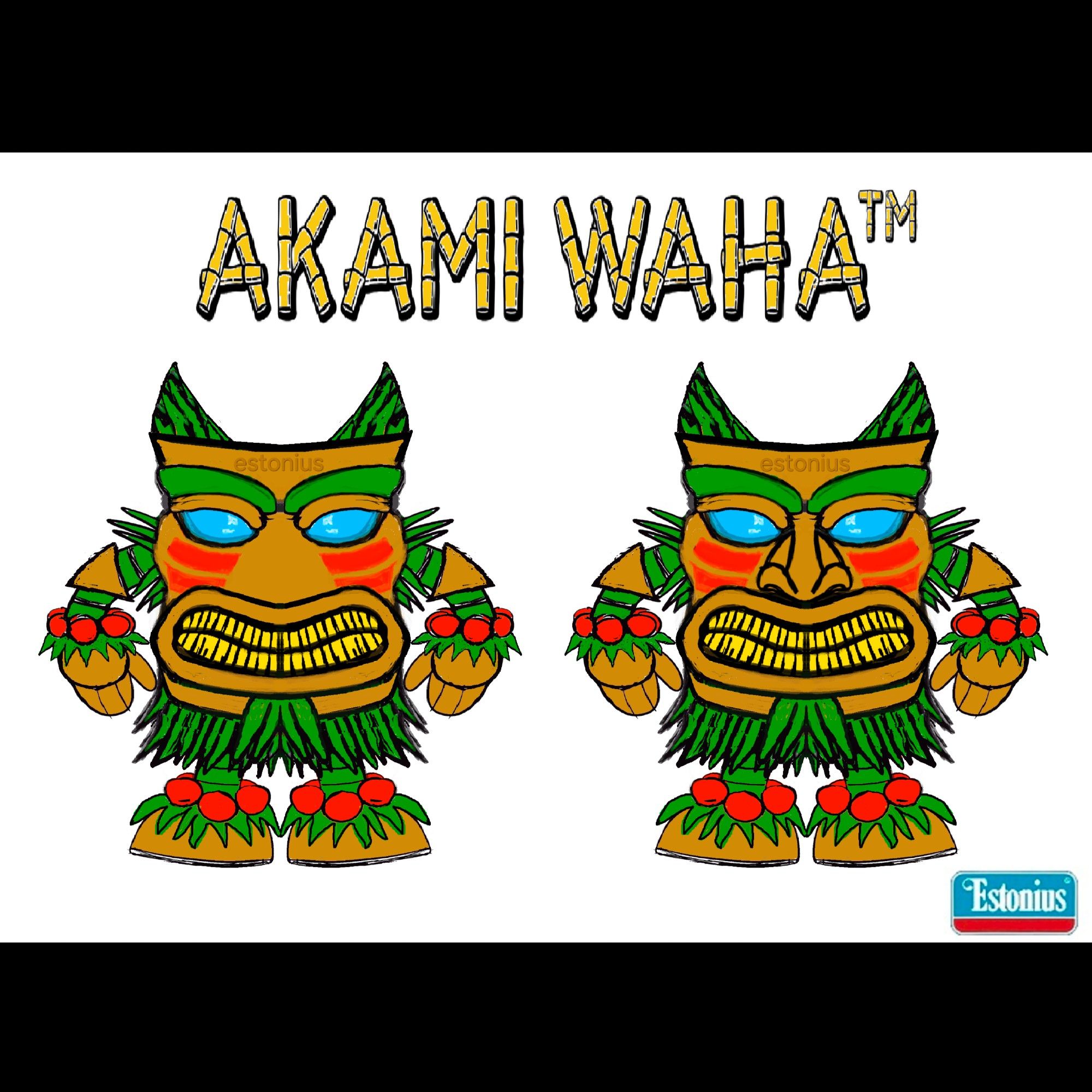 My initial idea for Akami Waha's design dates way back to primary school, based off of a papier-mâché mask that I made back then [and that I still have].

Akami Waha's design influences are tikis, totem poles, the comedy mask / the tragedy mask, golems, Pinocchio, and the Tasmanian Devil.

This is my 2022 iPad Pro Procreate / MicroSoft Paint drawing attempt at a redesign of my previously posted 2016 Akami Waha concept sketch.

Akami Waha is imbued with a supernatural volcanic power of pyrokinesis that he creates/shoots through his hands.

Akami Waha also wields and sometimes surfs upon his leiomano [a Koa wood-carved, shark-tooth-stringed, and rooster-feathered weapon]. His leiomano is enlarged to surfboard size via magic.

Akami Waha was created by a sorcerer who carved him and then used magic to bring him to life.

Akami Waha™, Akamai Waha™, And Wikiwiki Waiwai™ © 2016 Eric Olenslager - All Rights Reserved.