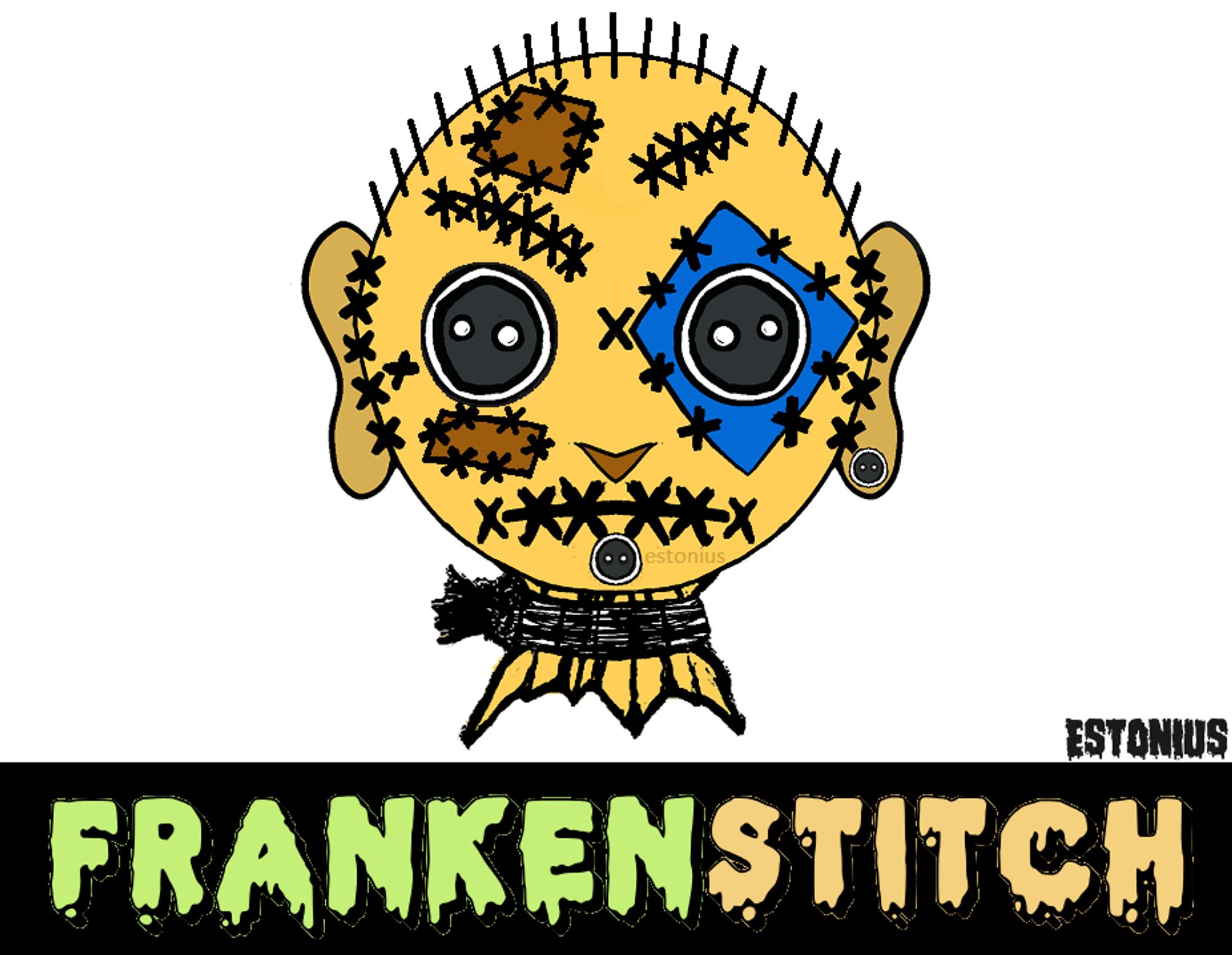 My 2021 drawing of my original character FrankenStitch™ / Frankenstitch™ (a patchwork scarecrow monster creature) as a shrunken head voodoo doll MadBall.  =)