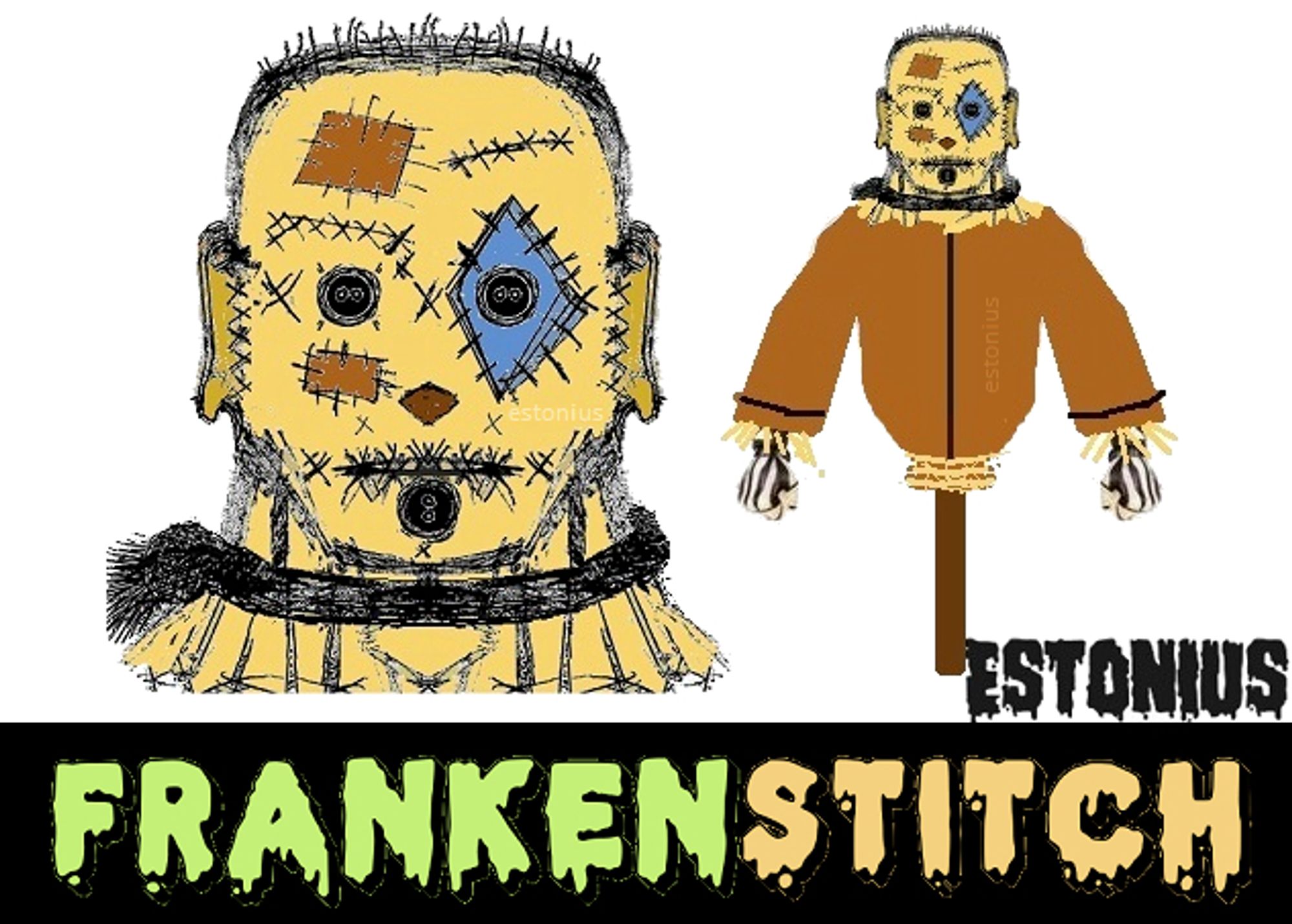 My 2020 drawing of my original character FrankenStitch™ / Frankenstitch™, a patchwork scarecrow monster creature. =)