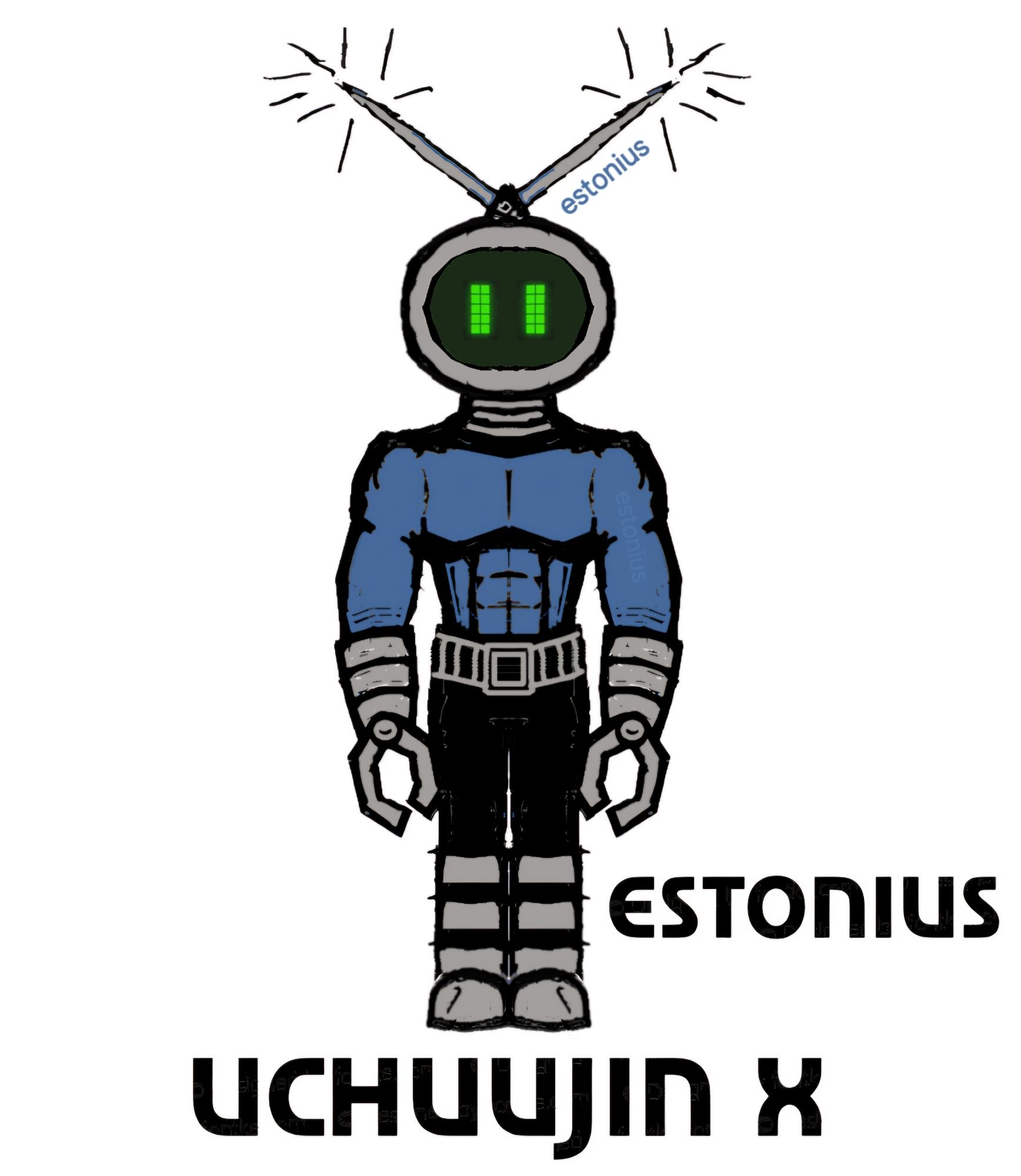 An old penciled doodle of mine from many, many moons ago that I updated in 2019 with a blue ballpoint ink-pen, then scanned it in, and finally roughly edited/coloured it in MicroSoft Paint.

Uchuujin X / Charolastra X is a fishbowl-shaped and antenned crt tv set-headed cybernetic alien.

Uchuujin X™, Uchūjin X™, Uchujin X™, 宇宙人 X™, And Charolastra X™ © Eric Olenslager - All Rights Reserved.

#crttelevision #tv #television #fishbowl #sentai #tokusatsu #superhero