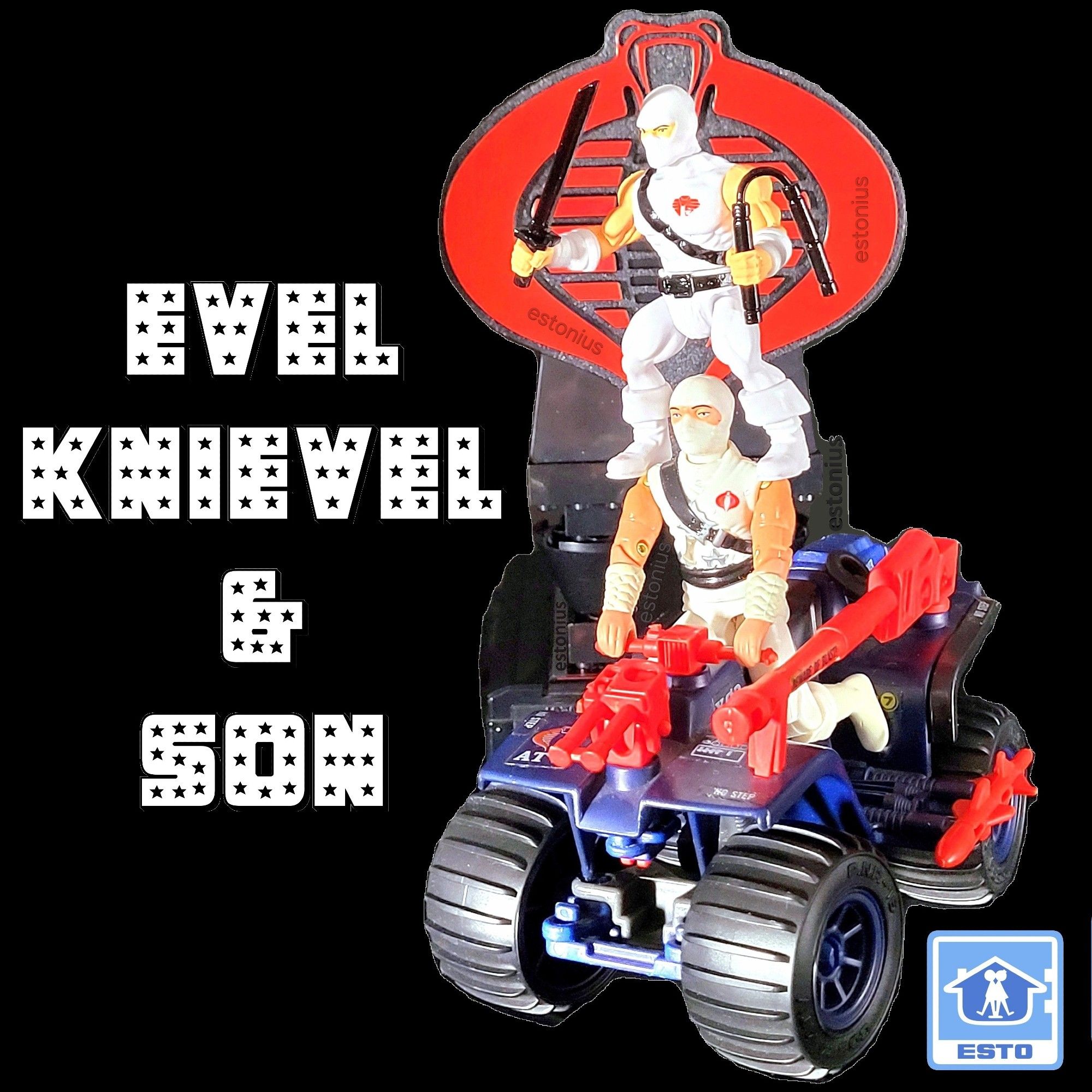 With the surprise success of the avant garde sitcom "Wampa & Son", comes yet another new copycat series riding its ratings' coattails, "Evel Knievel & Son!"

Starring:

Storm Shadow

&

Storm Shadow, Jr.

Storm Shadow Created By Ron Rudat, Larry Hama, And Hector Garrido.

Cobra Insignia Designed By Ron Rudat.

Cobra Ninja,  #CobraNinja, Cobra Ferret ATV, #CobraFerretATV, G.I.Joe, G.I. Joe: A Real American Hero, G. I. Joe, GI Joe, #Hasbro, #MarvelComics, Marvel Comics, action figures, toy, action figure photography, Now You Know, And Knowing Is Half The Battle, Yo, Joe!