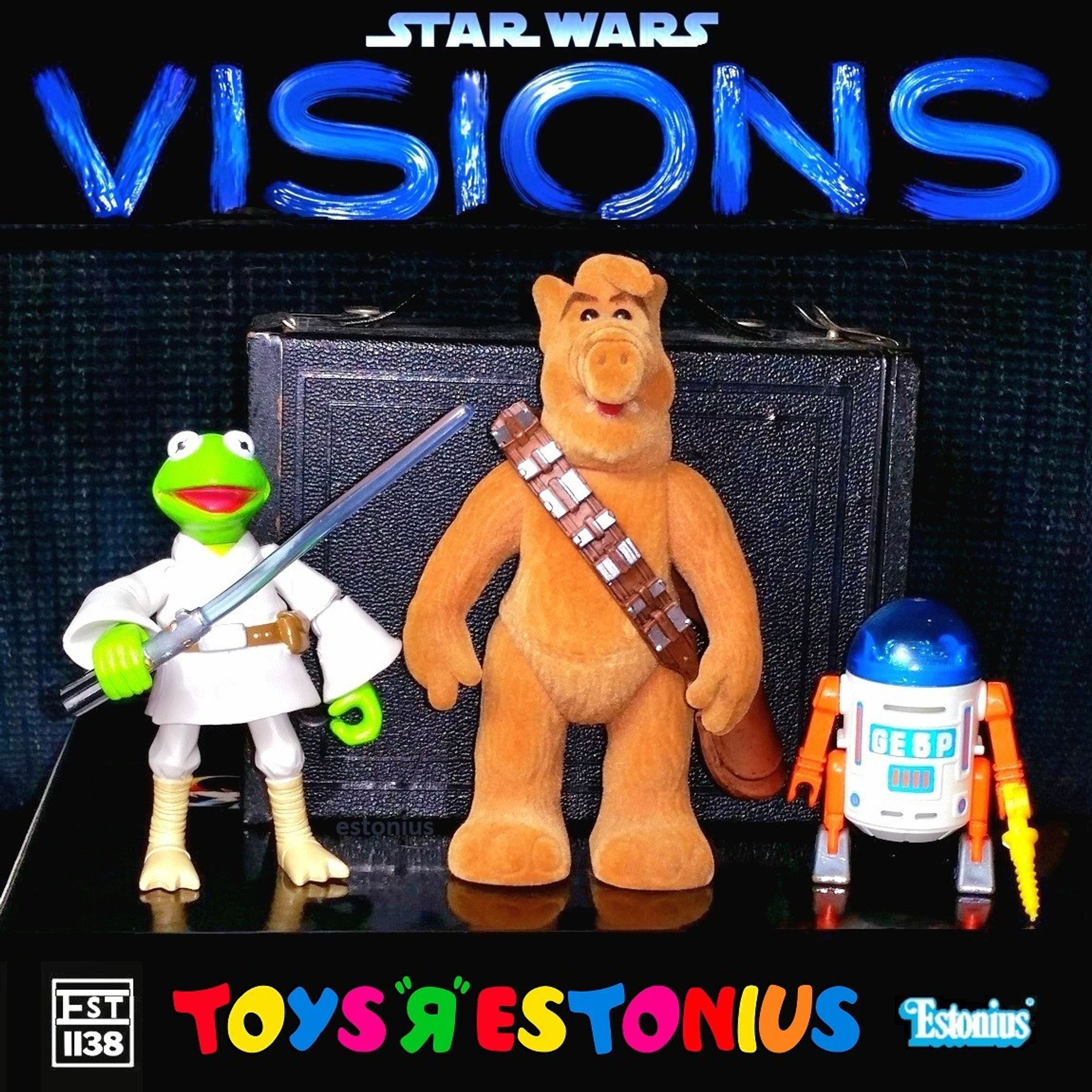 Meta Tags: Luke Skywalker, Kermit The Frog, R2-D2, GE-5P, Sesame Street, droids, action figures, action figure photography, toy photography, kitbashing, kit bash