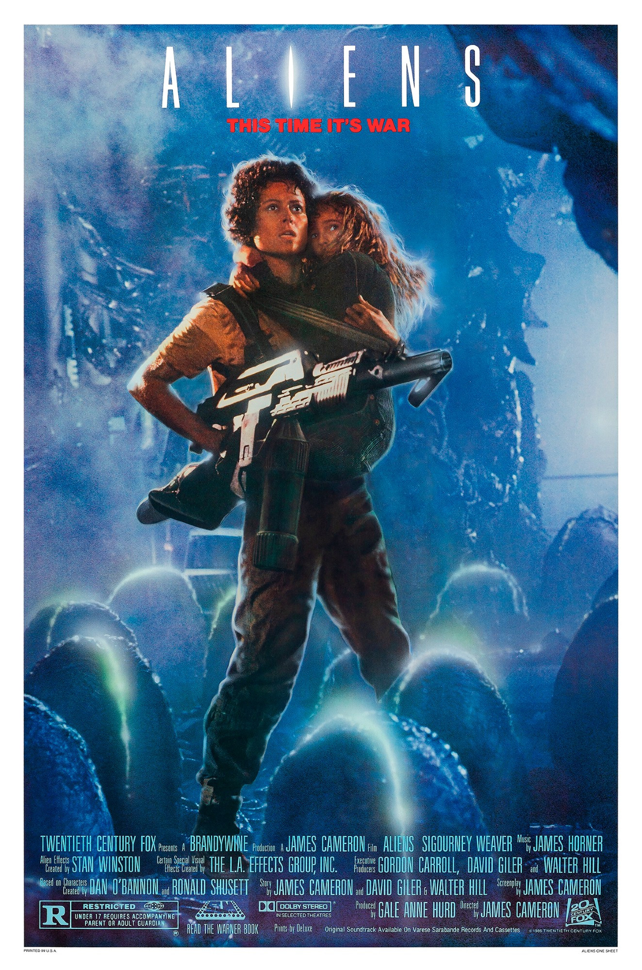 Poster for Alien$ [1986]: a floofy haired butch holds a machinegun and a child in a room of endless space eggs about to hatch 

Colors: blue in smoke, dark blue as black, orange as skin, white, red, and cyan text