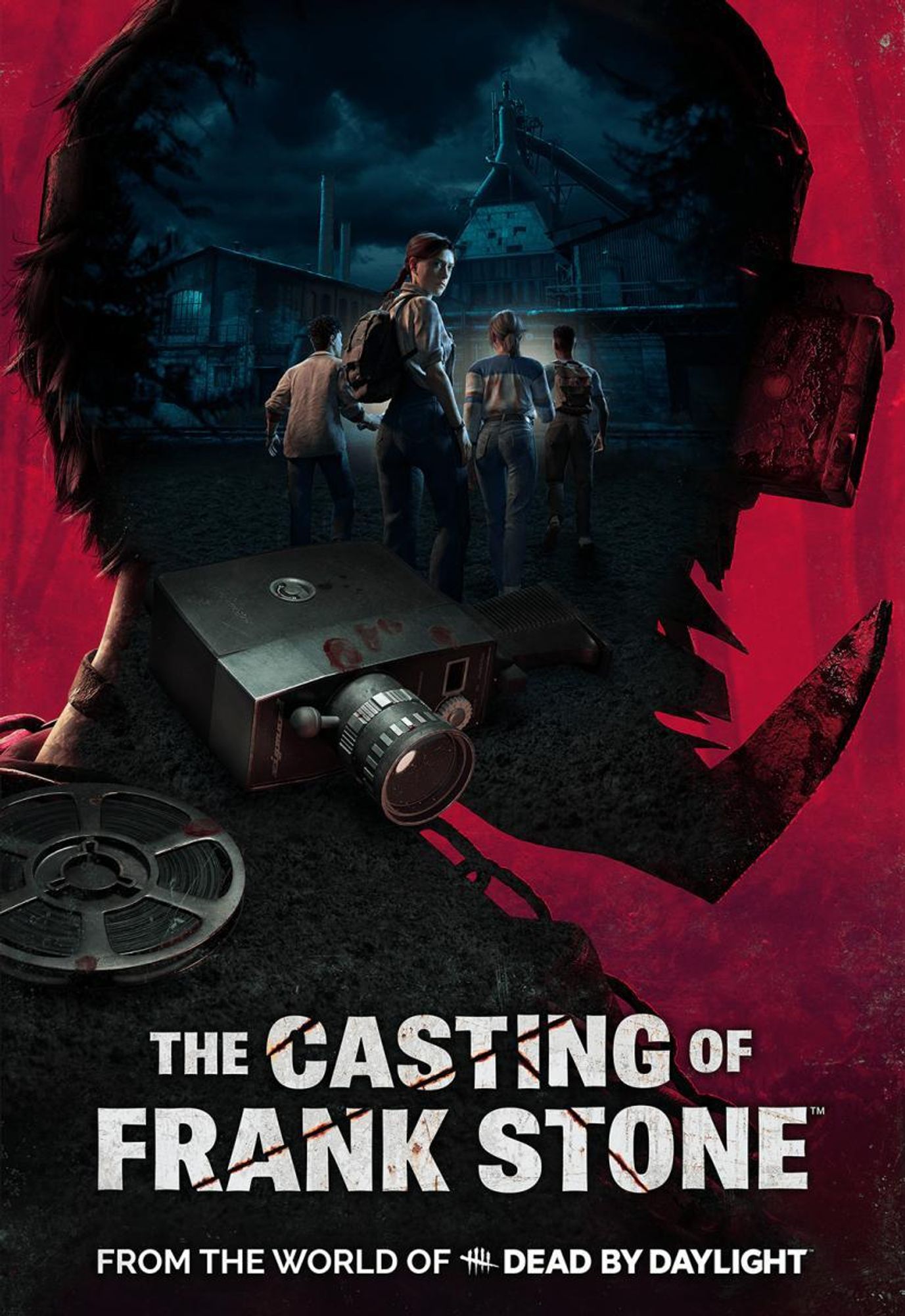 Poster for The Casting of Frank Stone [2024]: silhouette of Frank Stone's masked head inset with teens entering an abandoned steel mill and a Super 8 camera

Colors: blood red, black, midnight blue, white text with bloodied cuts running through it