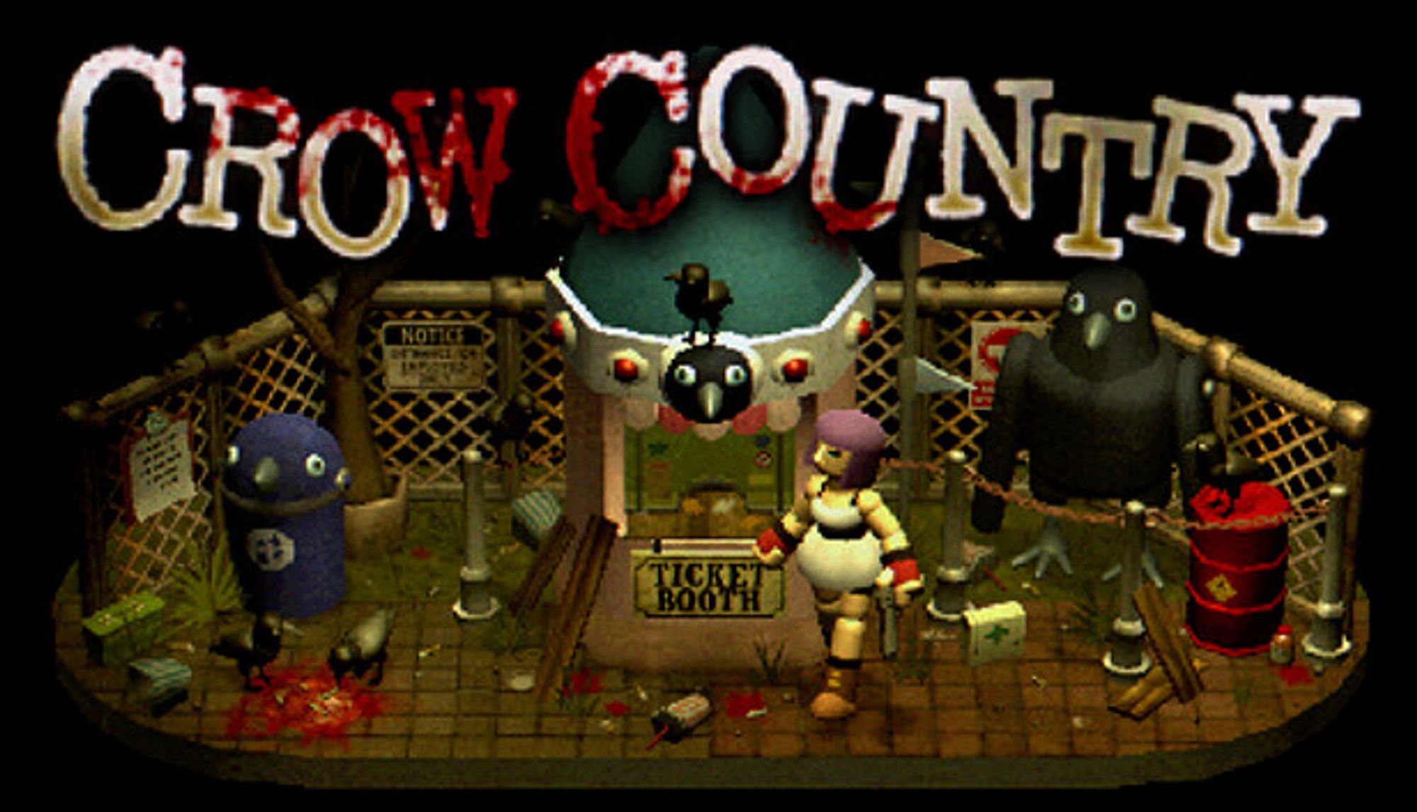 Poster for Crow Country [2024]: a purple haired girl stands in front of an amusement park ticket booth; the park is closed, there's a crow trashcan, two crows pecking at a bloodstain, and a crow statue next to an explosive red barrel

Colors: wood brown, rust, sickly green and yellow, black, white text with blood on it