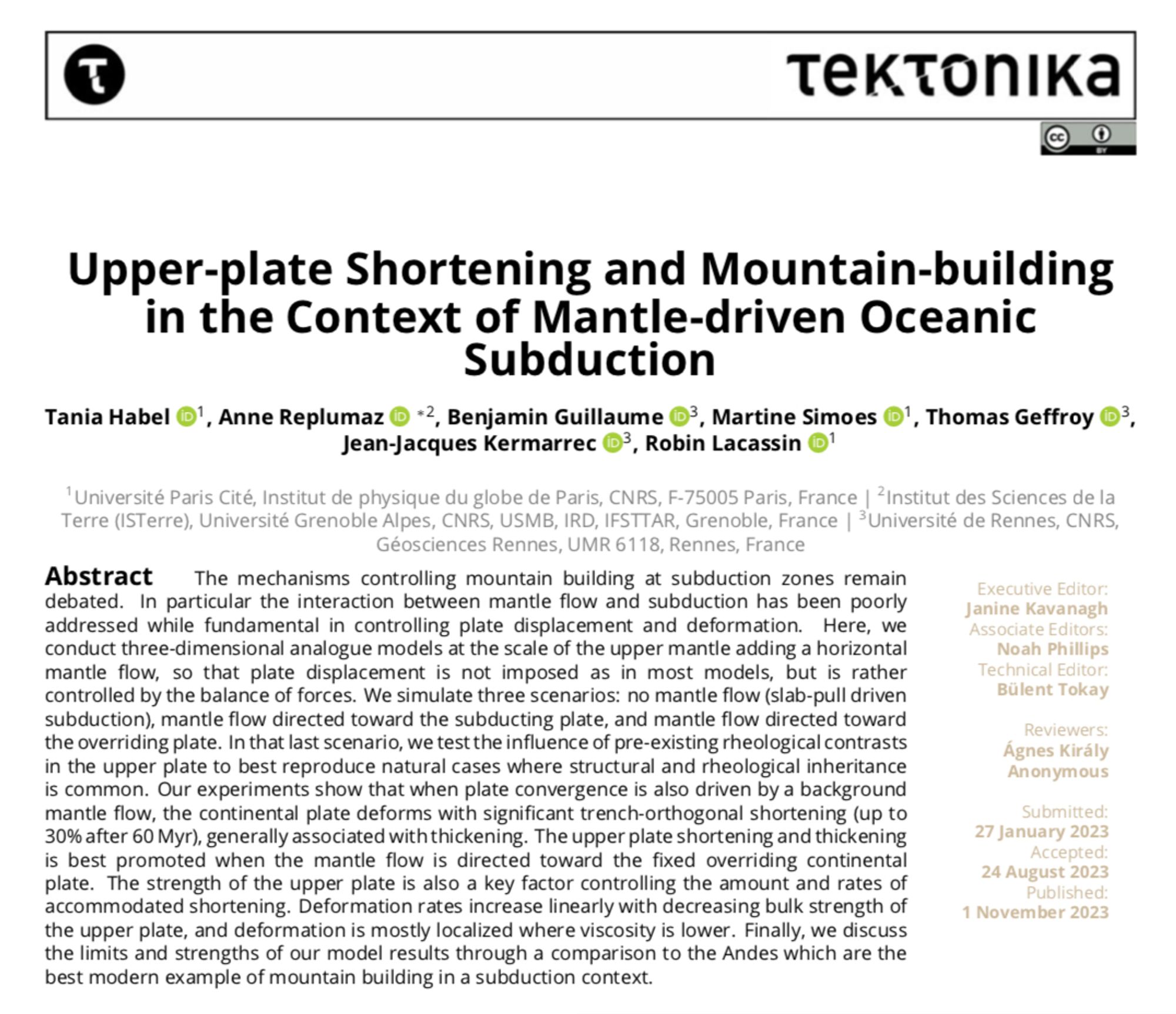 Screenshot of the article first page showing the title "Upper-plate Shortening and Mountain-building in the Context of Mantle-driven Oceanic Subduction", the authors list and the abstract.