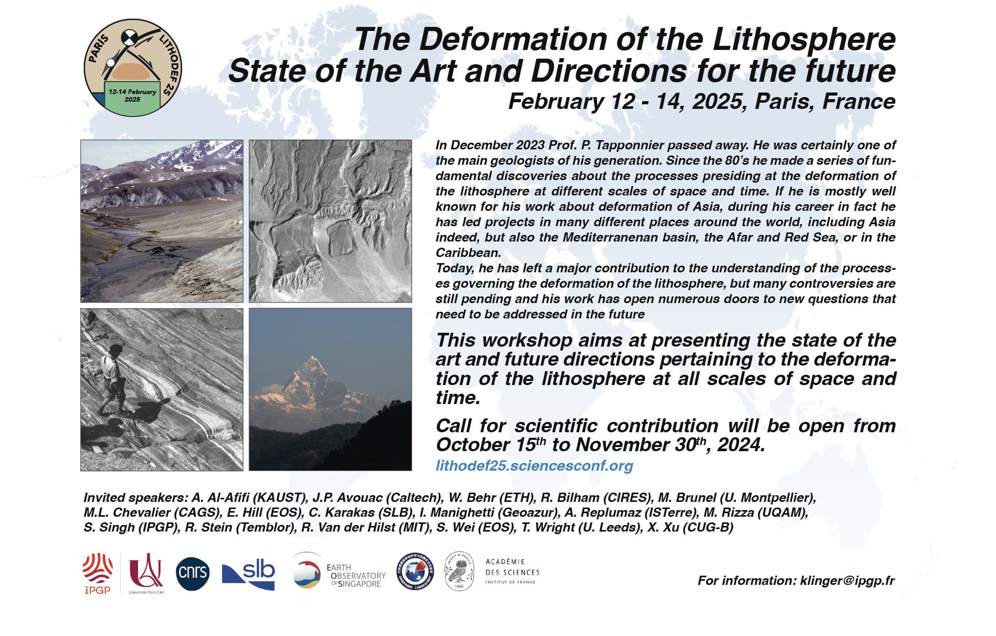 Flyer announcing the workshop "The deformation of the lithosphere, state of the art and directions for the future". It shows 4 photos illustrating tectonic objects at different scales, and on the right a text that explain the reason of the workshop and summarize its organization.