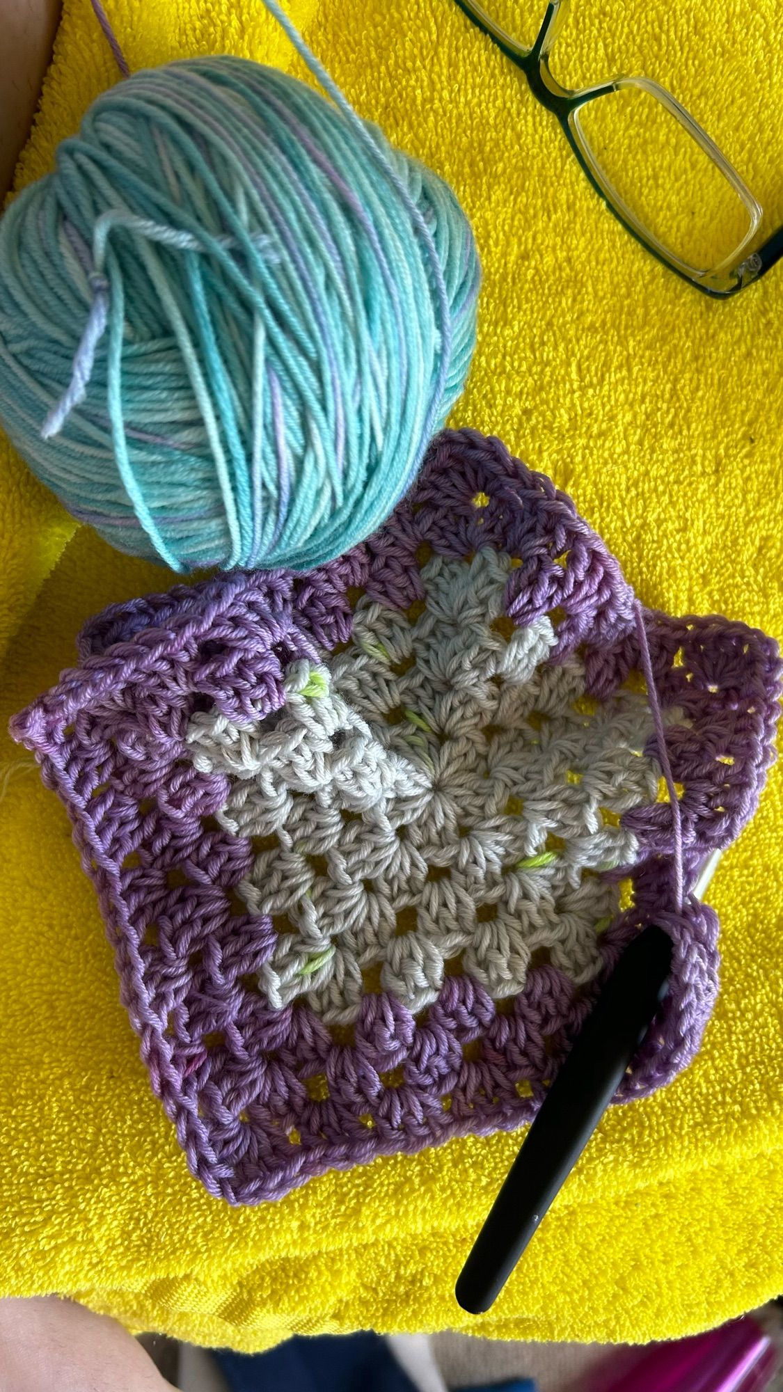 Crochet hexagon with grey and purple